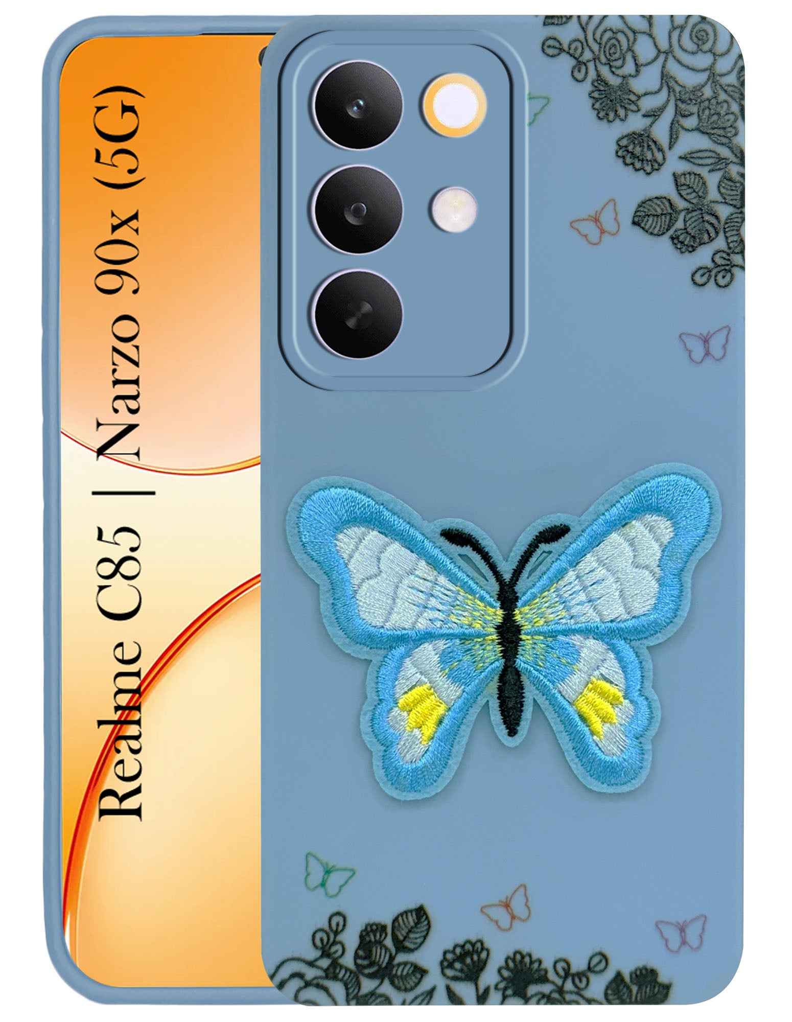 For Realme C85 5G | Realme Narzo 90x Back Cover Case (Soft Butterfly Embroidery | Women Teen Girls | Camera Protection| Matte Silicone)