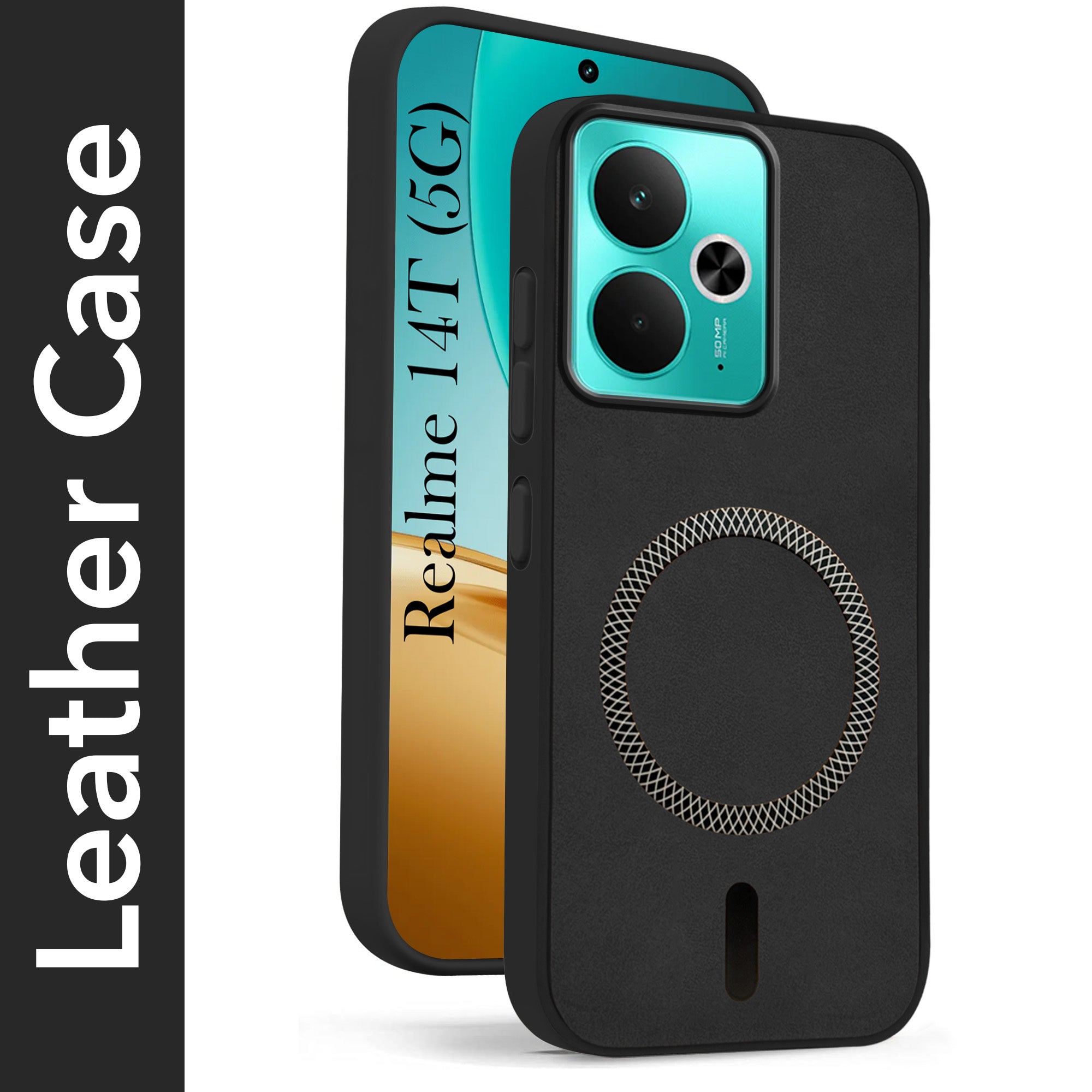 For Realme 14T Back Cover Case Leather Finish (MagSafe Compatible Wireless Charging | Soft Touch | Camera Bump Protection)