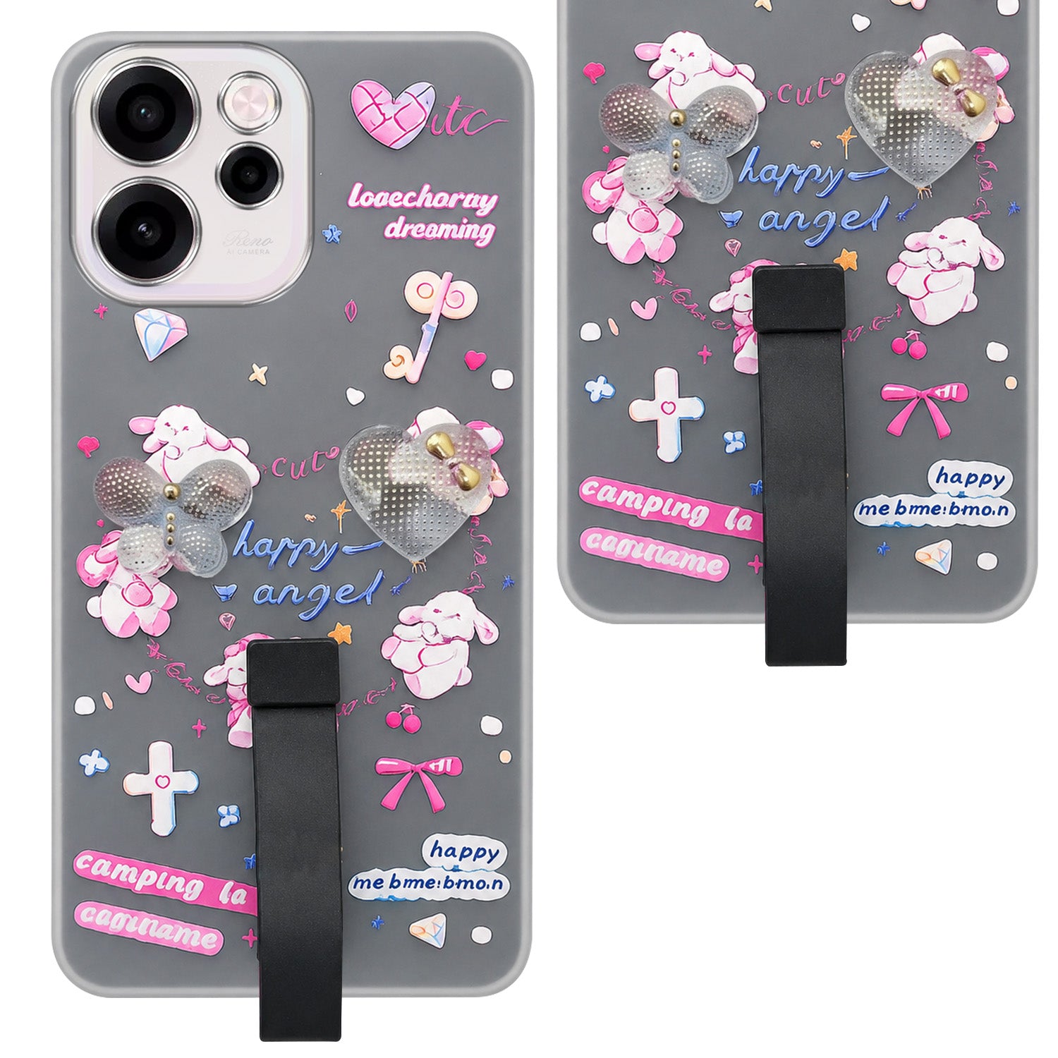 For Oppo Reno 15c Back Cover Case (3D Cute Heart Strap Holder | Camera Protection | Designer Girls Print)