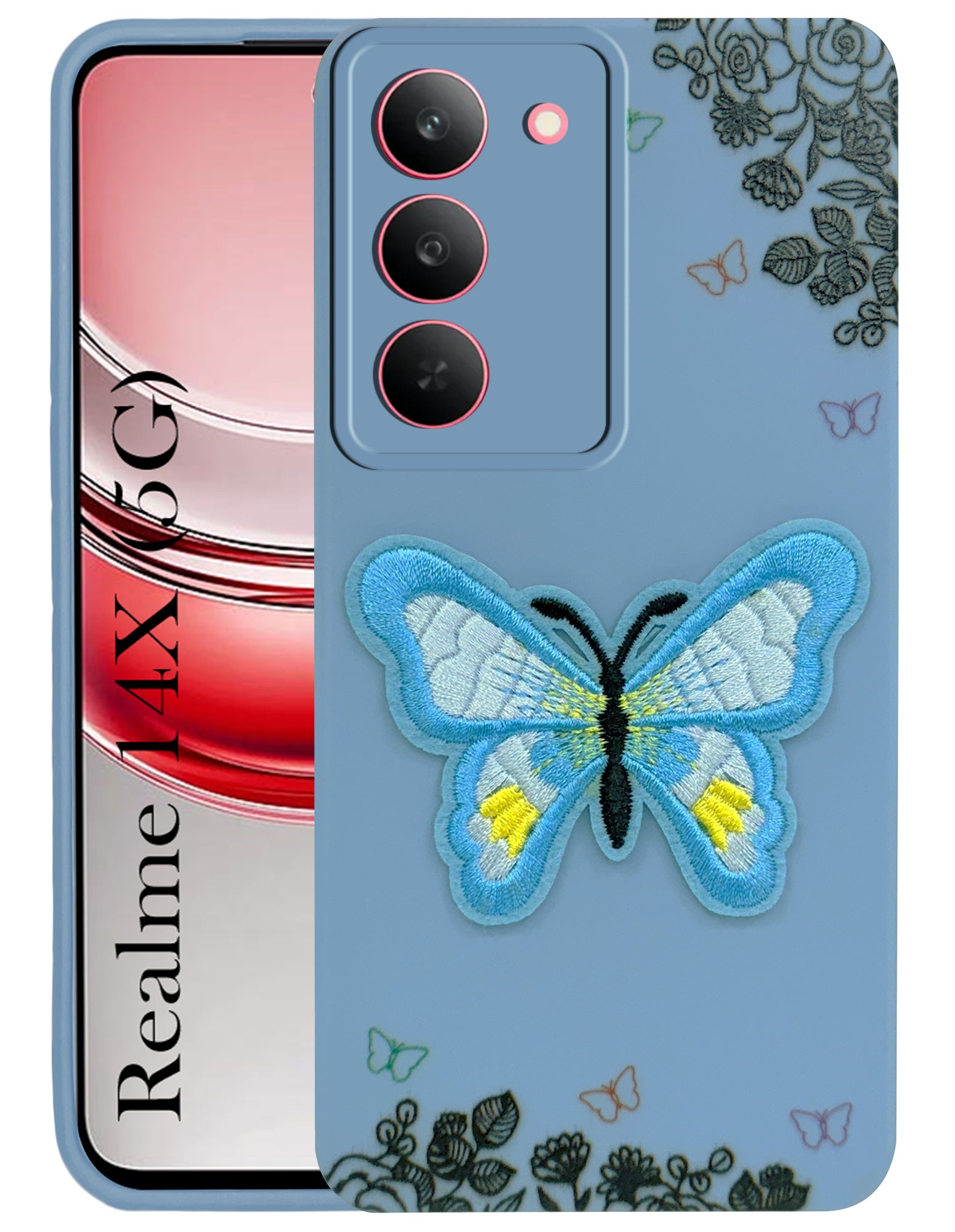 For Realme 14X Back Cover Case (Soft Butterfly Embroidery | Women Teen Girls | Camera Protection| Matte Silicone)