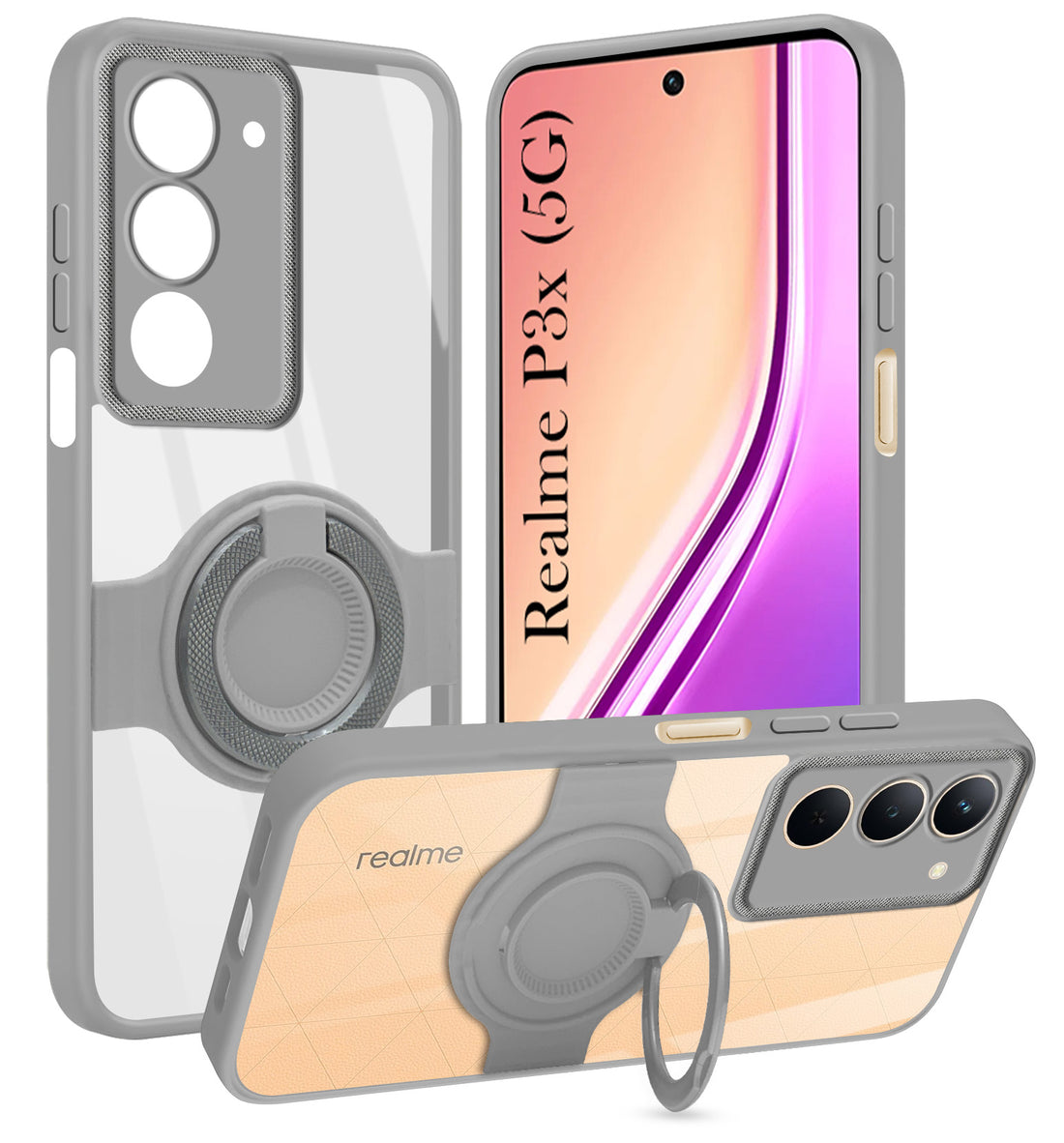 For Realme P3x Back Cover Case with stand (Built-in Ring Holder Kickstand | Lifetime Anti Yellow | Camera Protection)