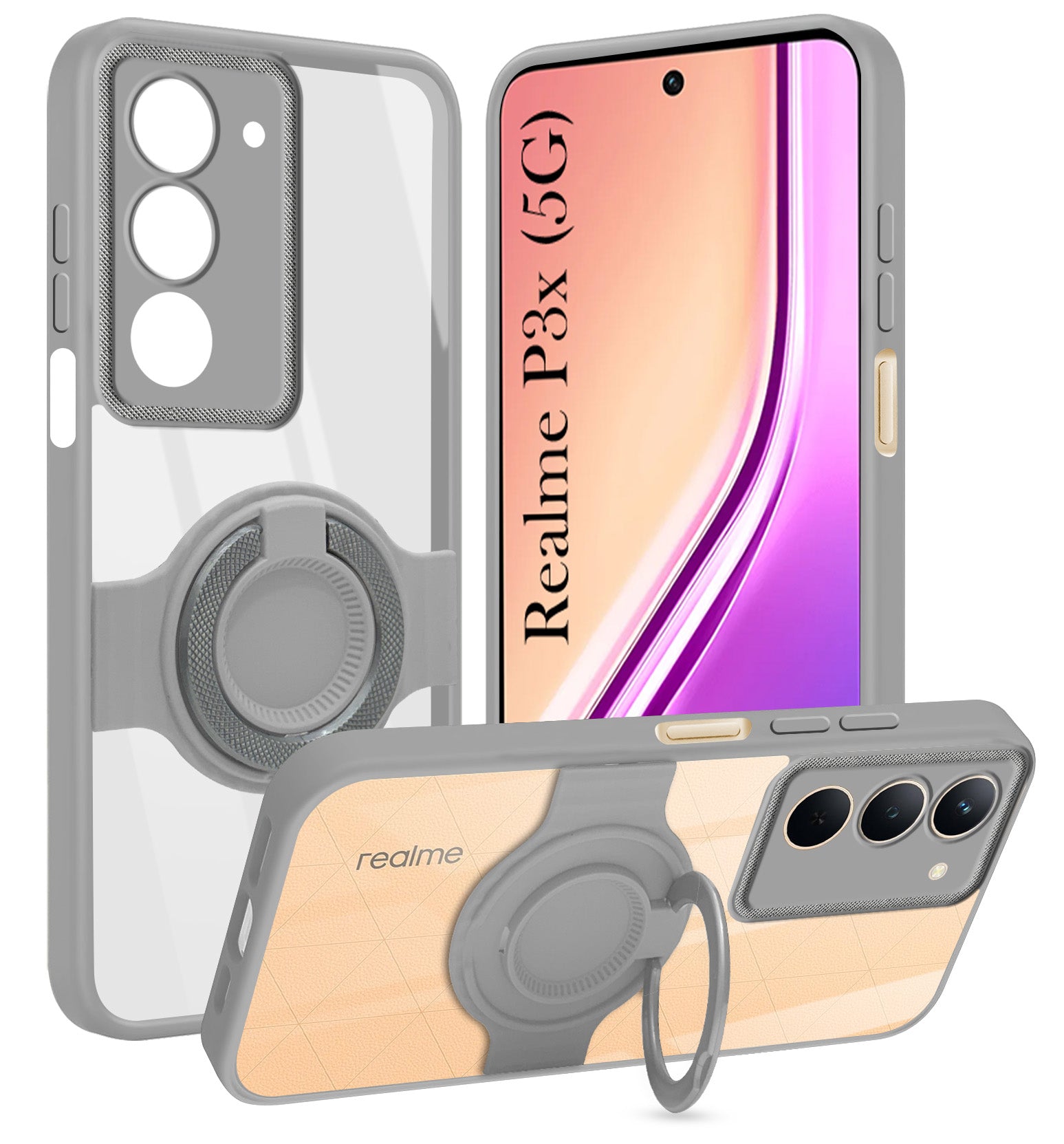 For Realme P3x Back Cover Case with stand (Built-in Ring Holder Kickstand | Lifetime Anti Yellow | Camera Protection)
