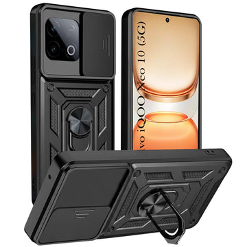 For Vivo iQOO Neo 10 Back Cover Case Hybrid Armor (Sliding Shutter Camera Protection | Polycarbonate |Ring Holder Kickstand)