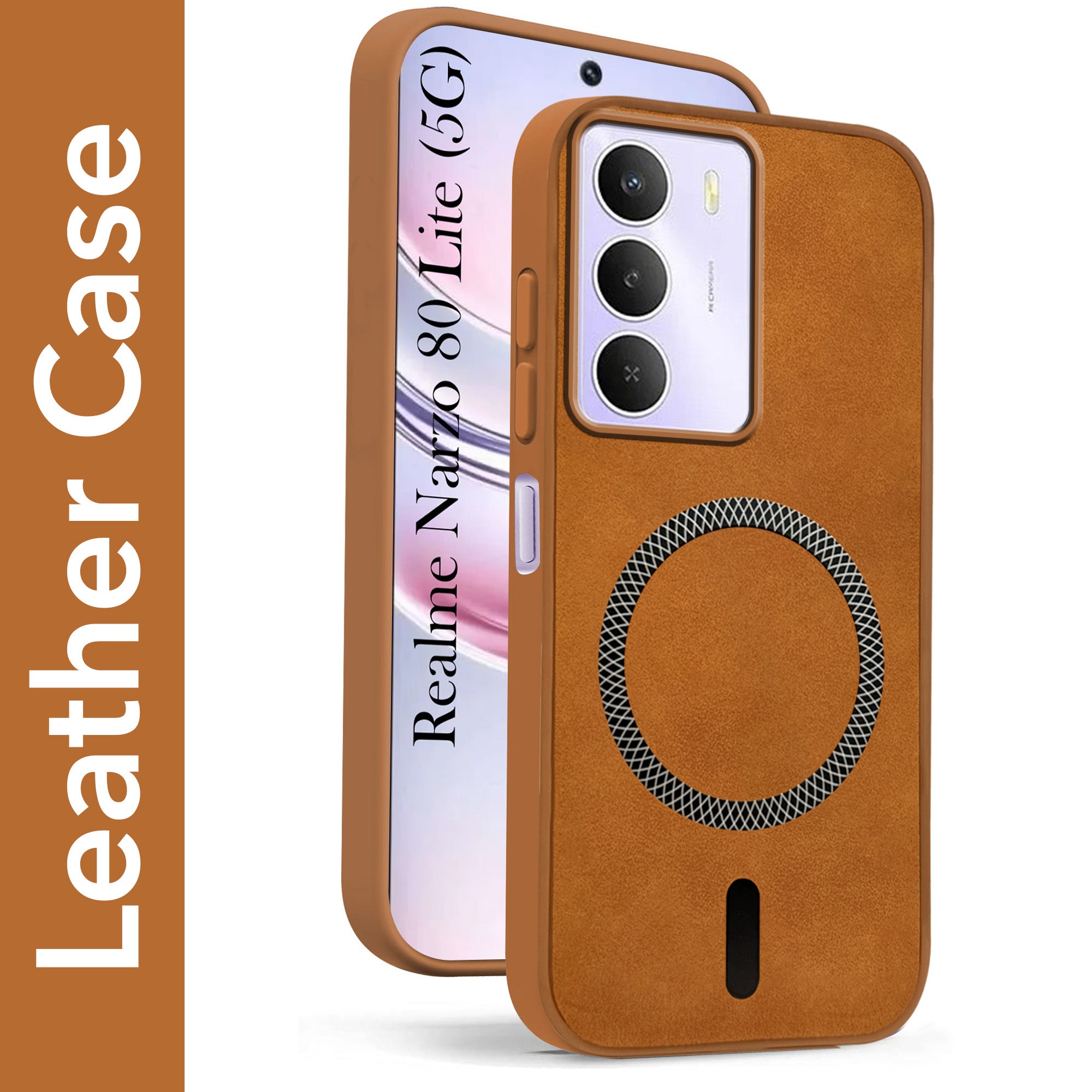 For Realme Narzo 80 Lite 5G Back Cover Case Leather Finish (MagSafe Compatible Wireless Charging | Soft Touch | Camera Bump Protection)