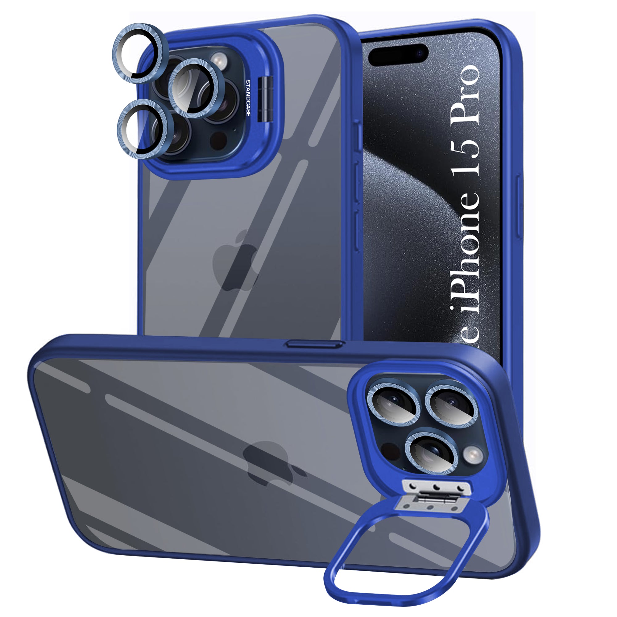 For Apple iPhone 15 Pro Back Cover Case (Camera Lens Glass Metal Stand Holder Shockproof Hybrid Anti Yellow |) Black