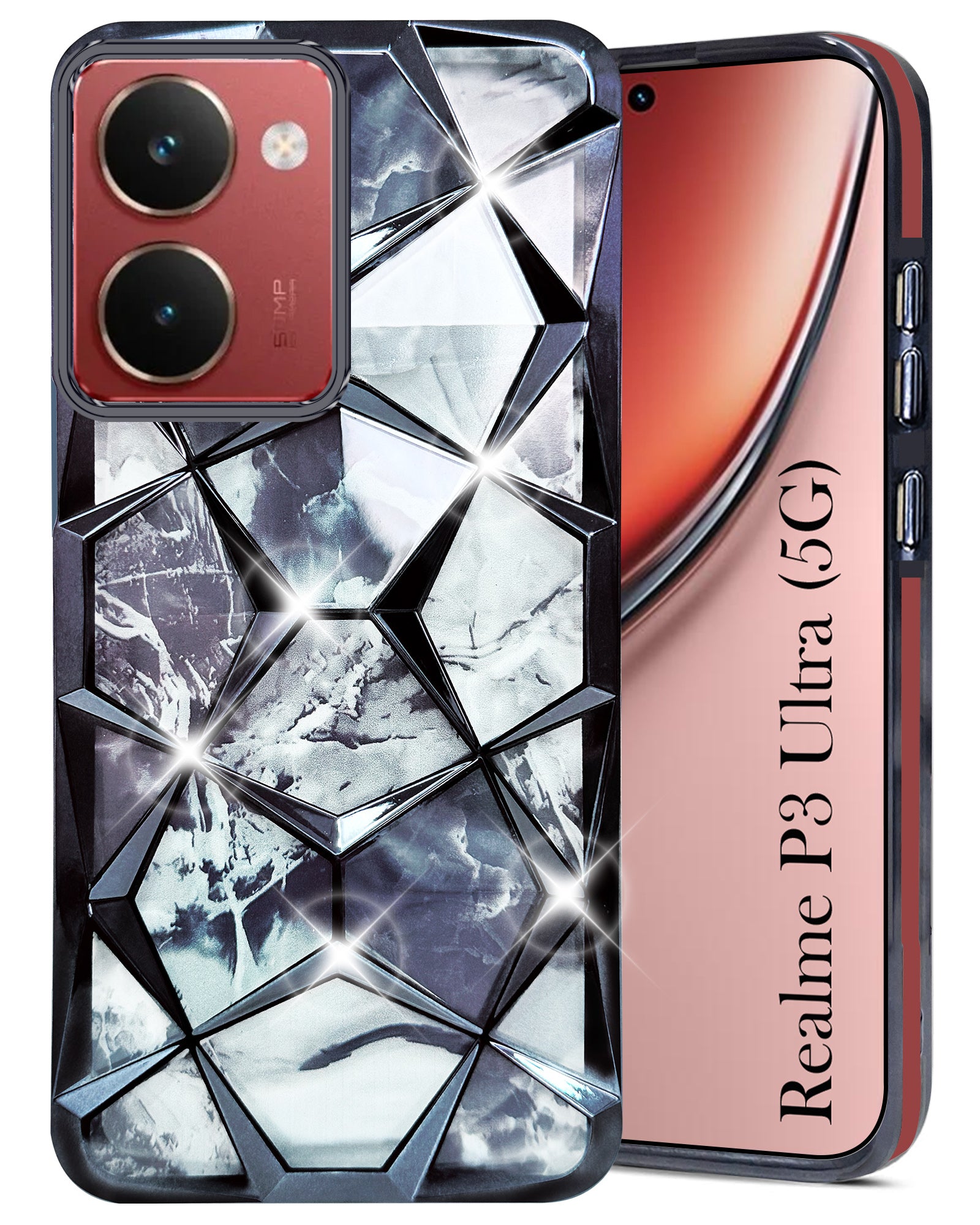 For Realme P3 Ultra Back Cover Case (Dual Design Glitter Sparkle and Detachable Diamond Print Case | Soft and Flexible)