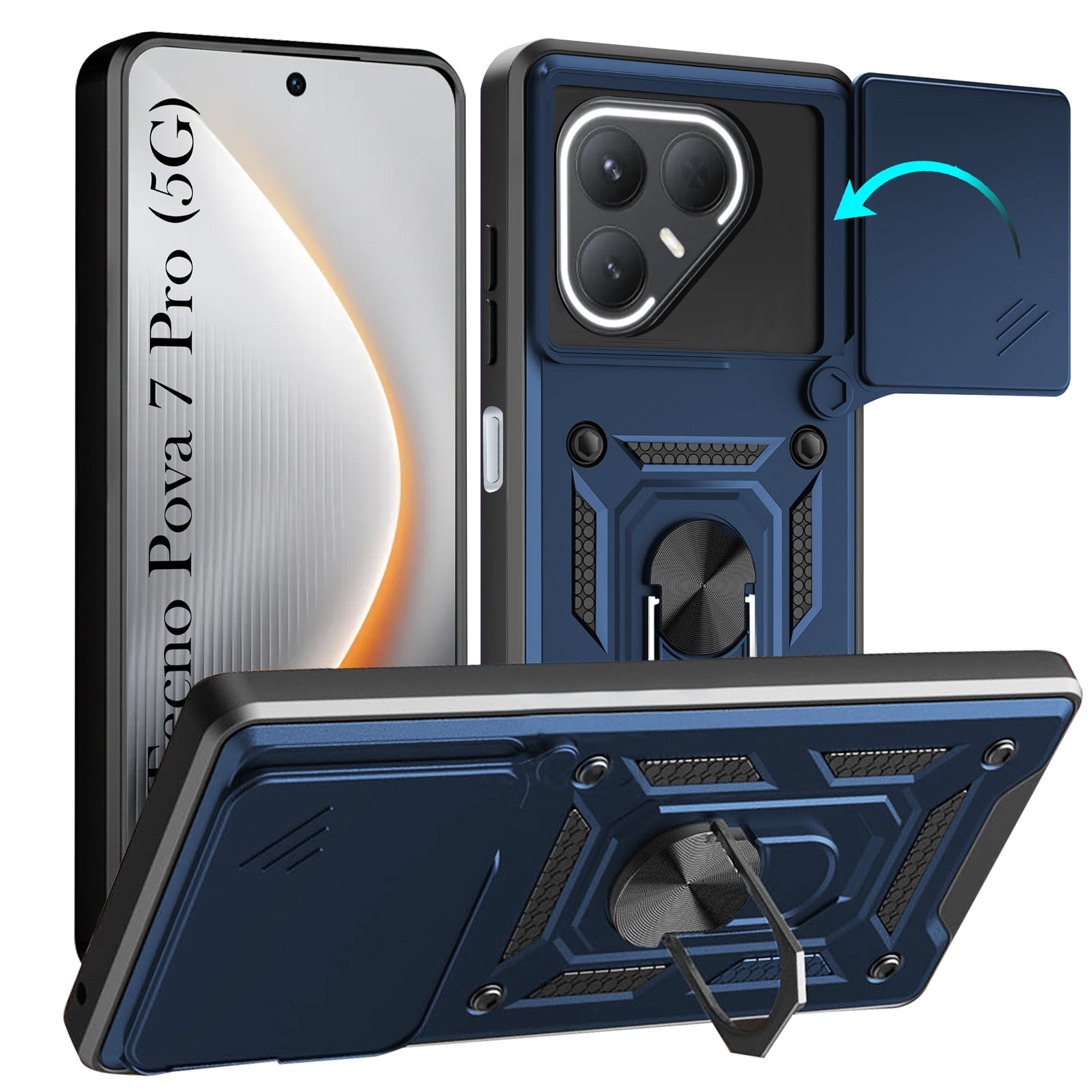 For Tecno Pova 7 Pro 5G Back Cover Case Hybrid Armor (Sliding Shutter Camera Protection | Polycarbonate |Ring Holder Kickstand)