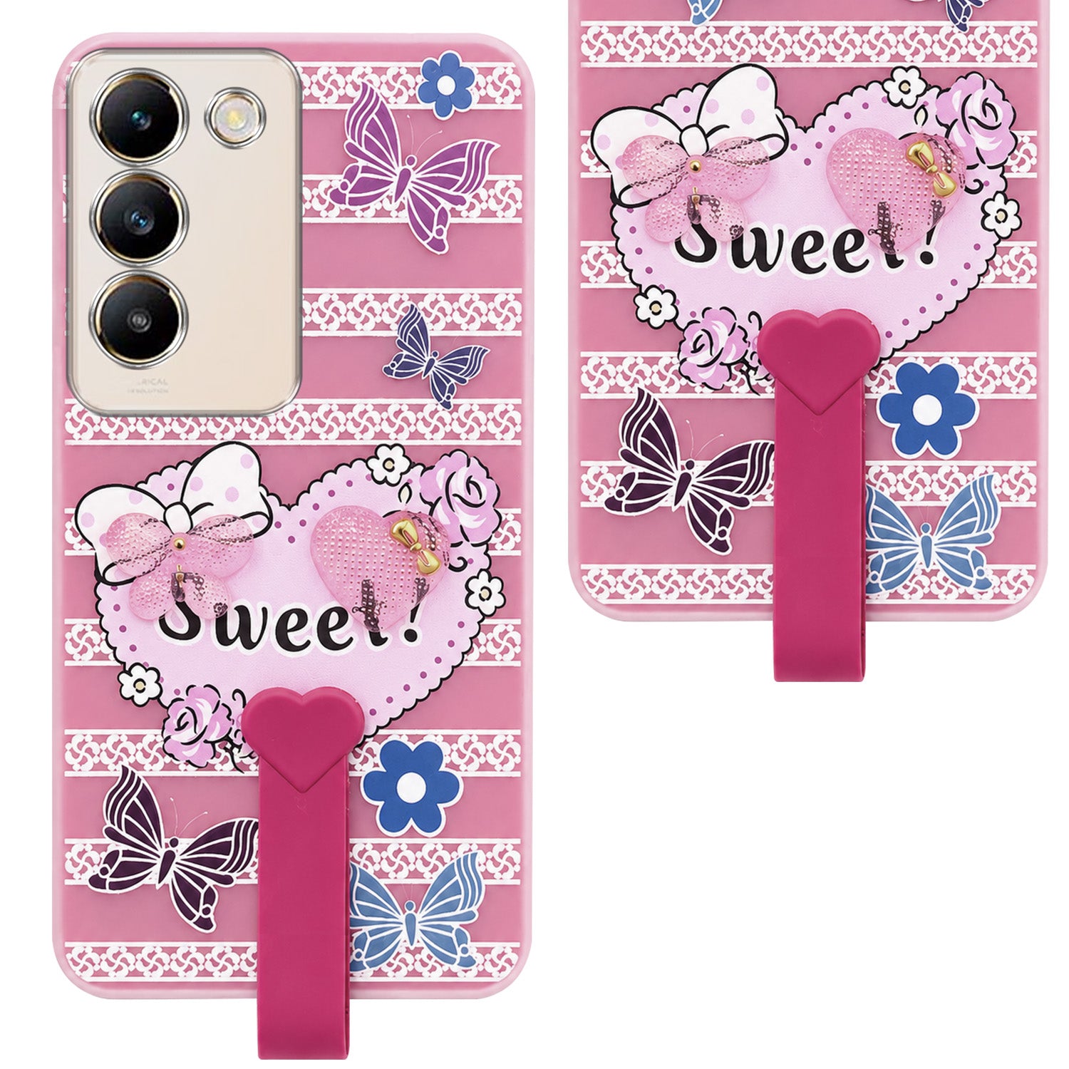 For Vivo Y200e Back Cover Case (3D Cute Heart Strap Holder | Camera Protection | Designer Girls Print)