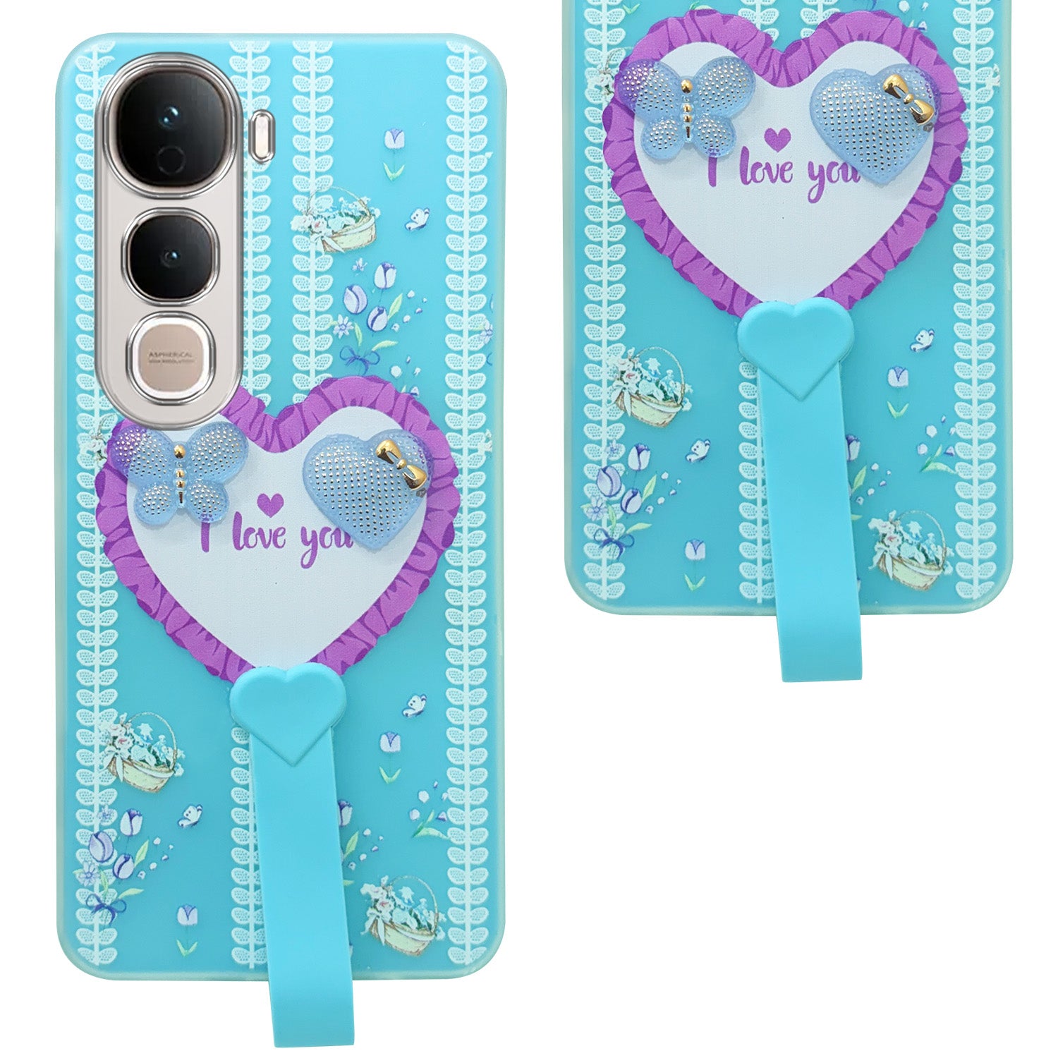 For Vivo Y400 Pro Back Cover Case (3D Cute Heart Strap Holder | Camera Protection | Designer Girls Print)