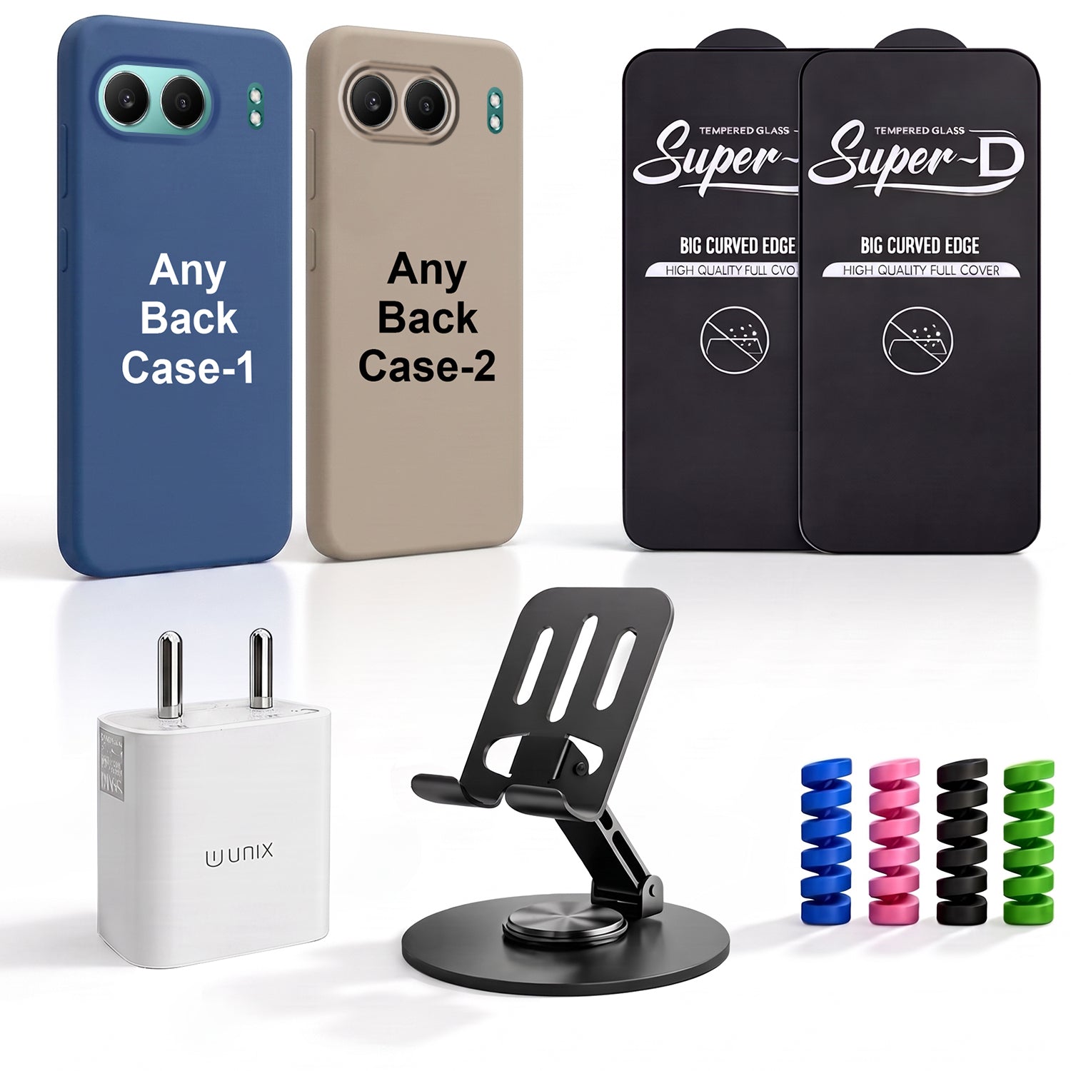 Complete Mobile Care Kit (Get Any 2 Cases+2 Tempered Glass+25W Charger Adapter+Metallic Mobile Stand+Cable Protector)