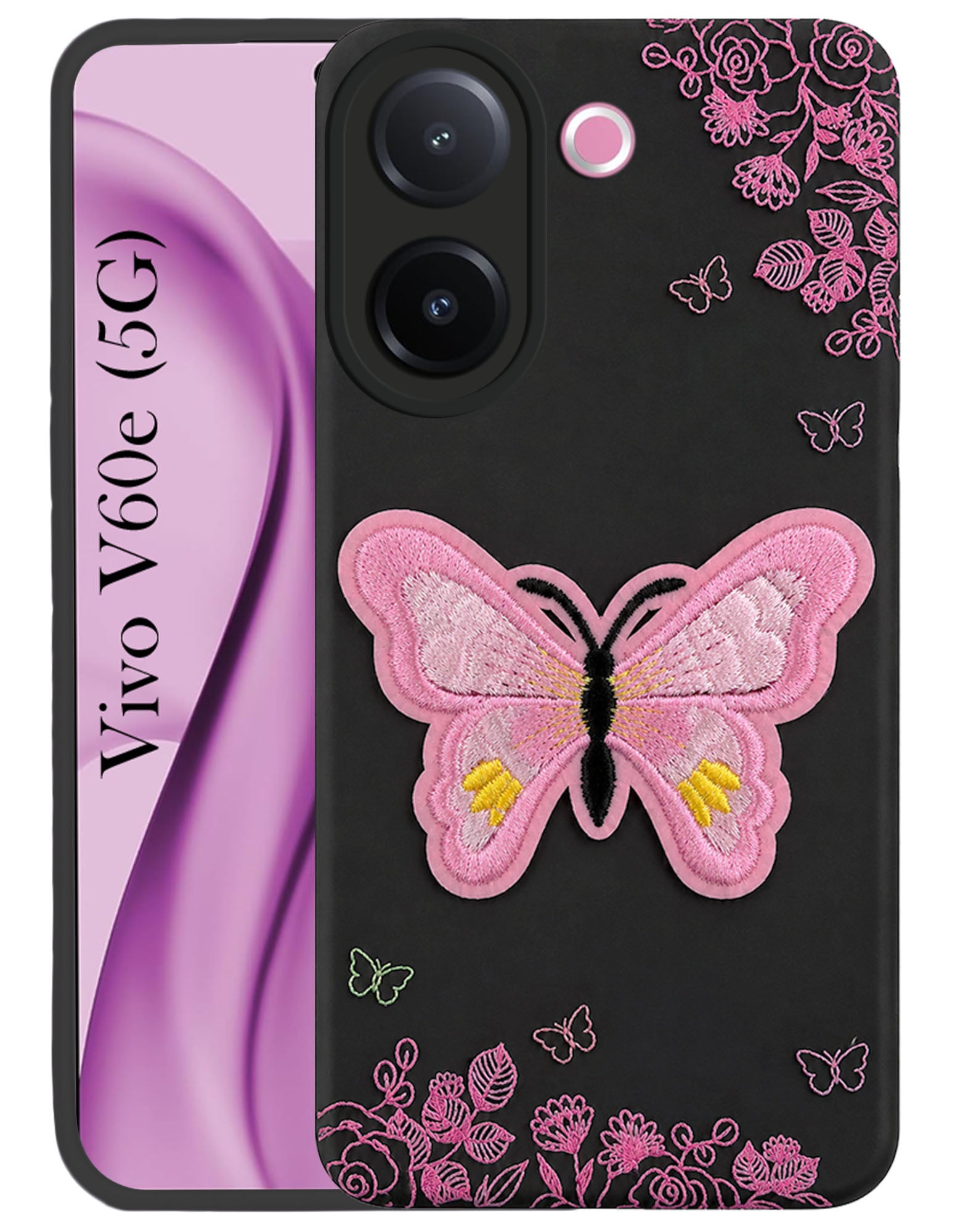 For Vivo V60e Back Cover Case (SoFt Butter Fly Embroidery | Women Teen Girls | Camera Protection| Matte Silicone)