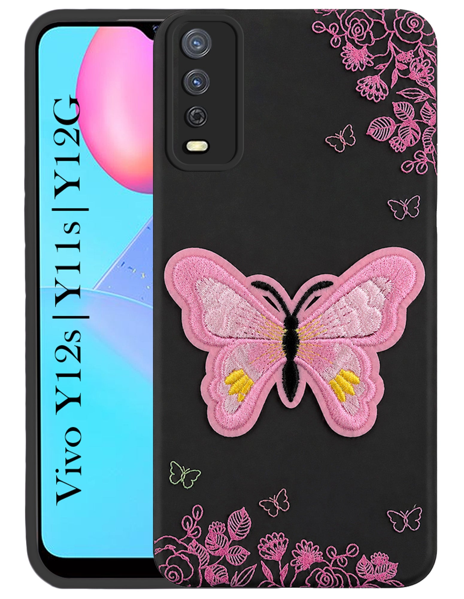 For Vivo Y12s | Y11s | Y12G Back Cover Case (Soft Butterfly Embroidery | Women Teen Girls | Camera Protection| Matte Silicone)
