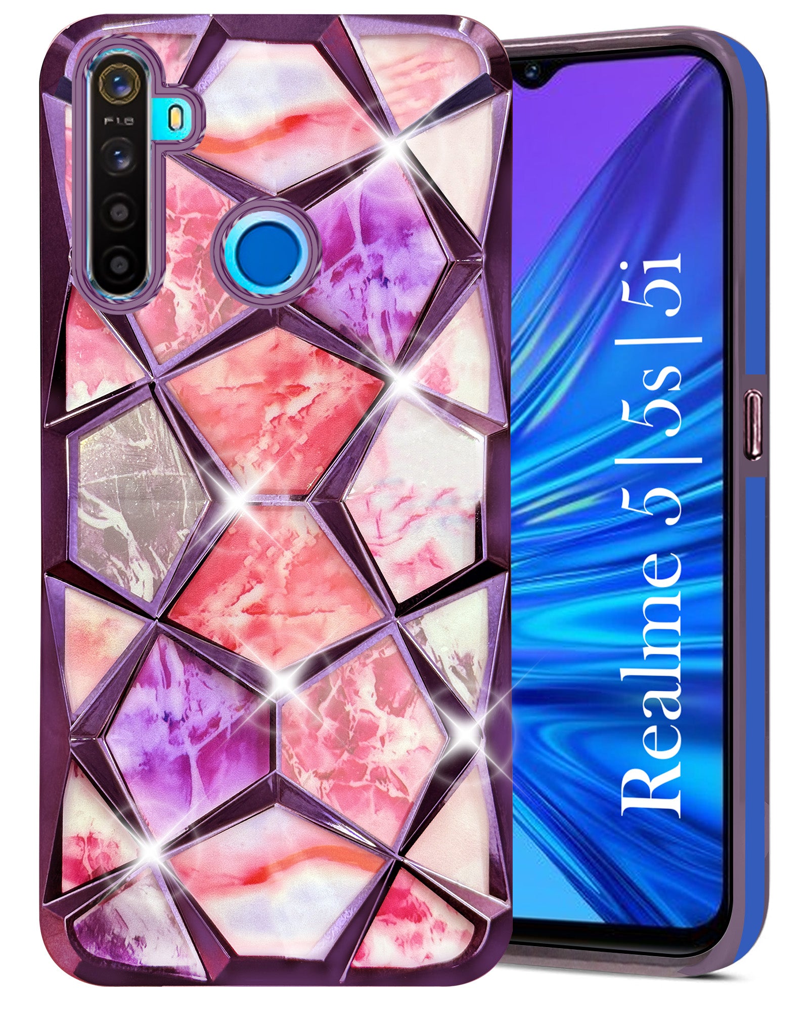 For Realme 5 | 5s | 5i Back Cover Case (Dual Design Glitter Sparkle and Detachable Diamond Print Case | Soft and Flexible)