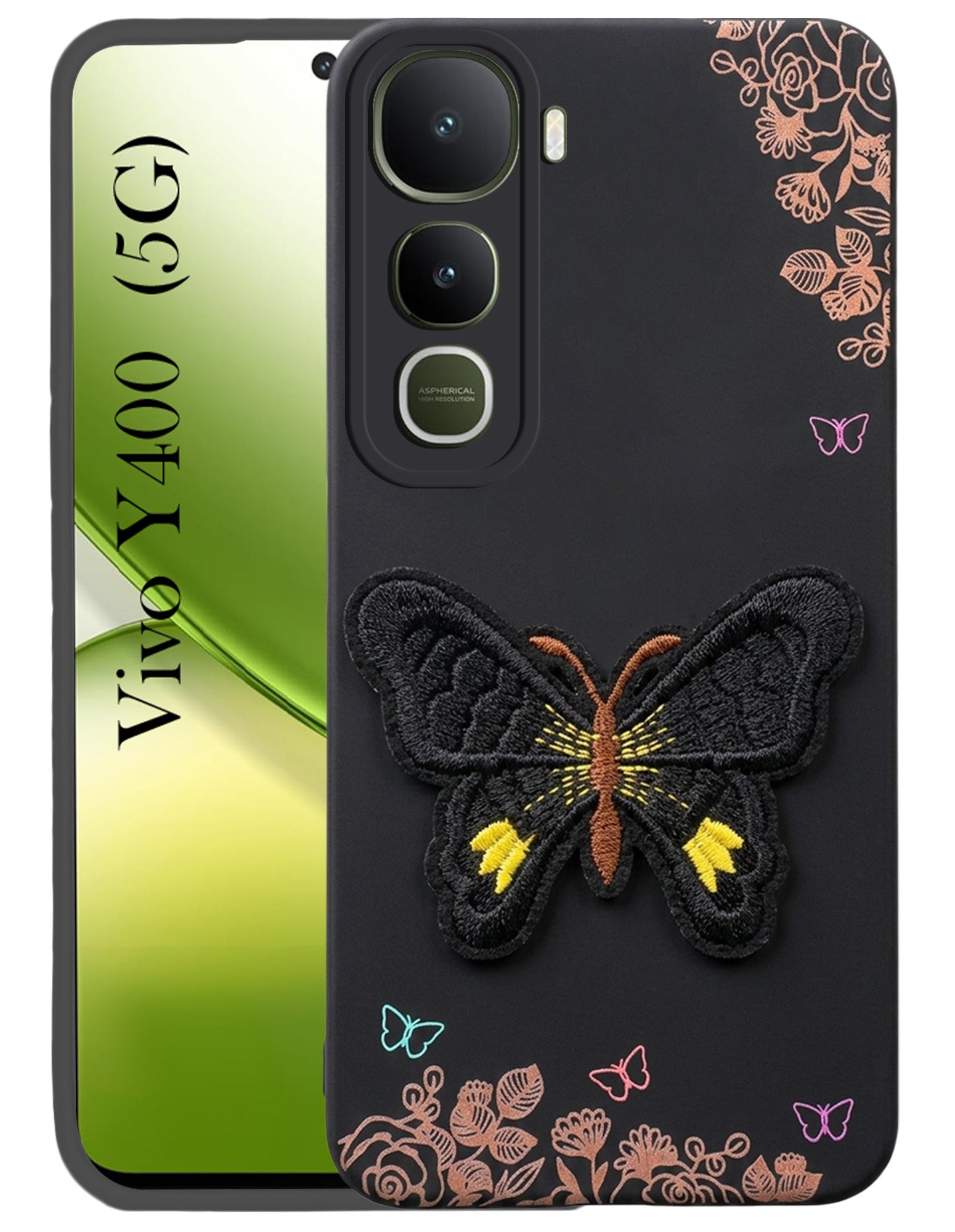 For Vivo Y400 Back Cover Case (Soft Butterfly Embroidery | Women Teen Girls | Camera Protection| Matte Silicone)