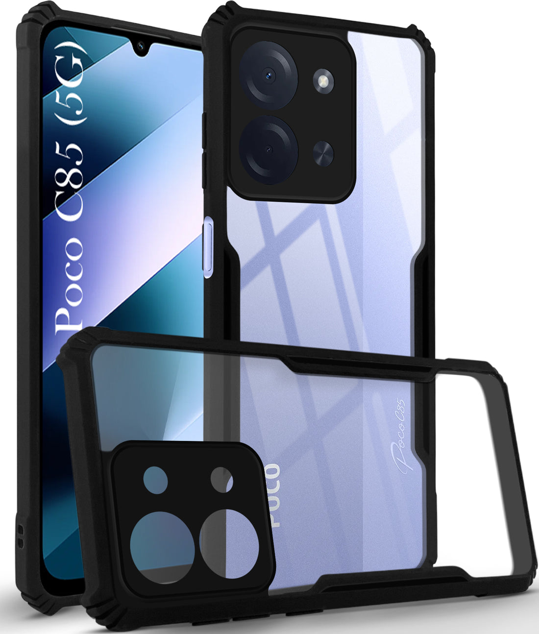 For Poco C85 5G Back Cover Case Hybrid (Shockproof with Polycarbonate Clear Panel | Professional Black)