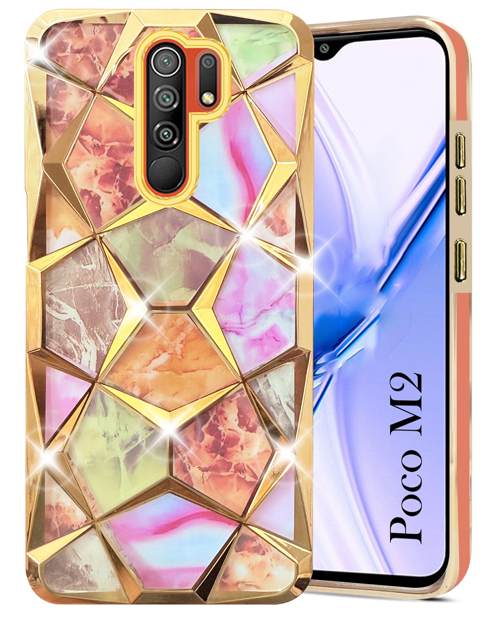 For Poco M2 Back Cover Case (Dual Design Glitter Sparkle and Detachable Diamond Print Case Soft and Flexible) Black