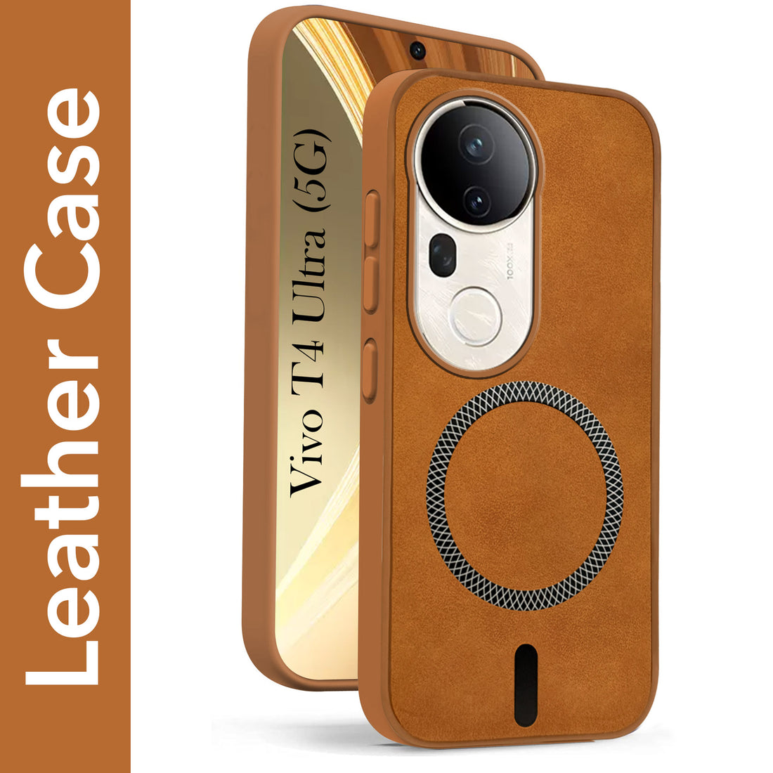 For Vivo T4 Ultra Back Cover Case Leather Finish (MagSafe Compatible Wireless Charging | Soft Touch | Camera Bump Protection)