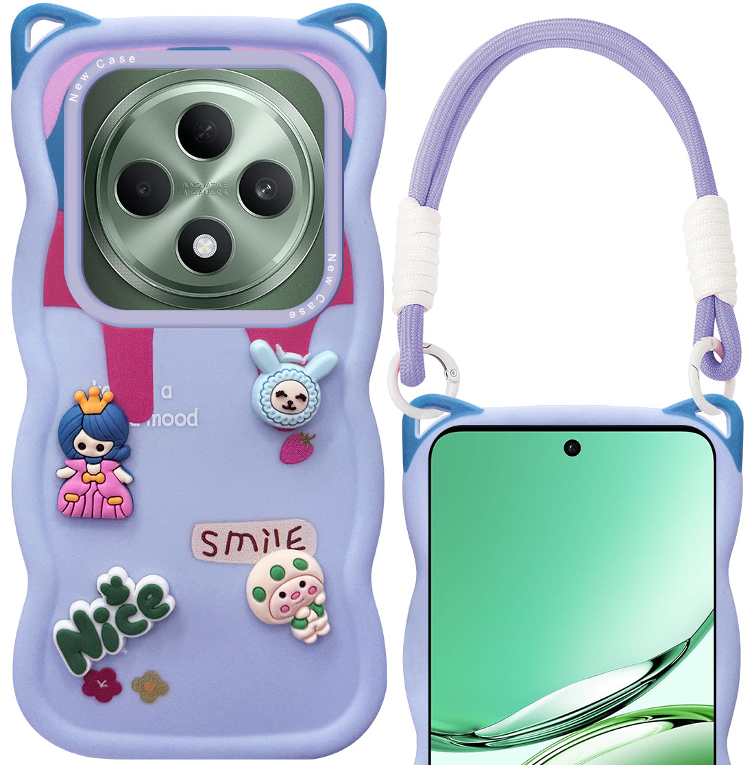 For Oppo Reno 12F Back Case Cover Strap (3D embossed Figures | Strap Holder | 360* Soft Cushion with Camera Bump)