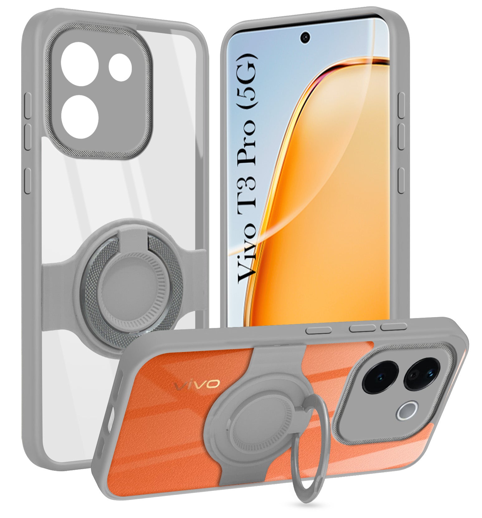 For Vivo T3 Pro Back Cover Case with stand (Built-in Ring Holder Kickstand | Lifetime Anti Yellow | Camera Protection)