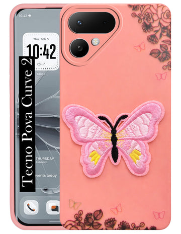 For Tecno Pova Curve 2 Back Cover Case (Soft Butterfly Embroidery | Women Teen Girls | Camera Protection| Matte Silicone)