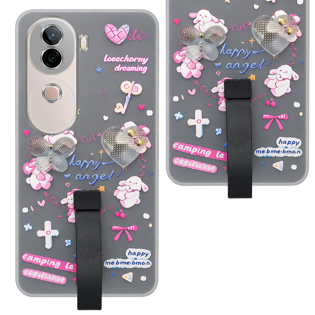 For Vivo V40e Back Cover Case (3D Cute Heart Strap Holder | Camera Protection | Designer Girls Print)