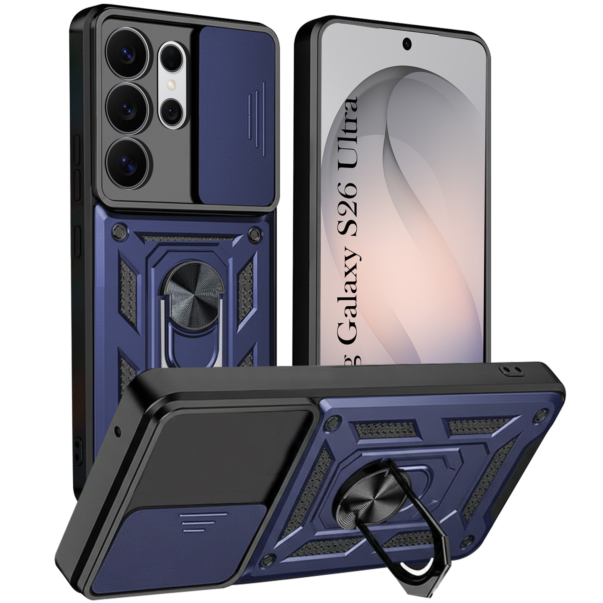 For Samsung Galaxy S26 Ultra Back Cover Case Hybrid Armor (Sliding Shutter Camera Protection | Polycarbonate |Ring Holder Kickstand)