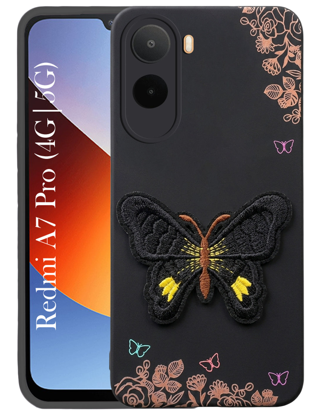 For Redmi A7 Pro Back Cover Case (Soft Butterfly Embroidery | Women Teen Girls | Camera Protection| Matte Silicone)