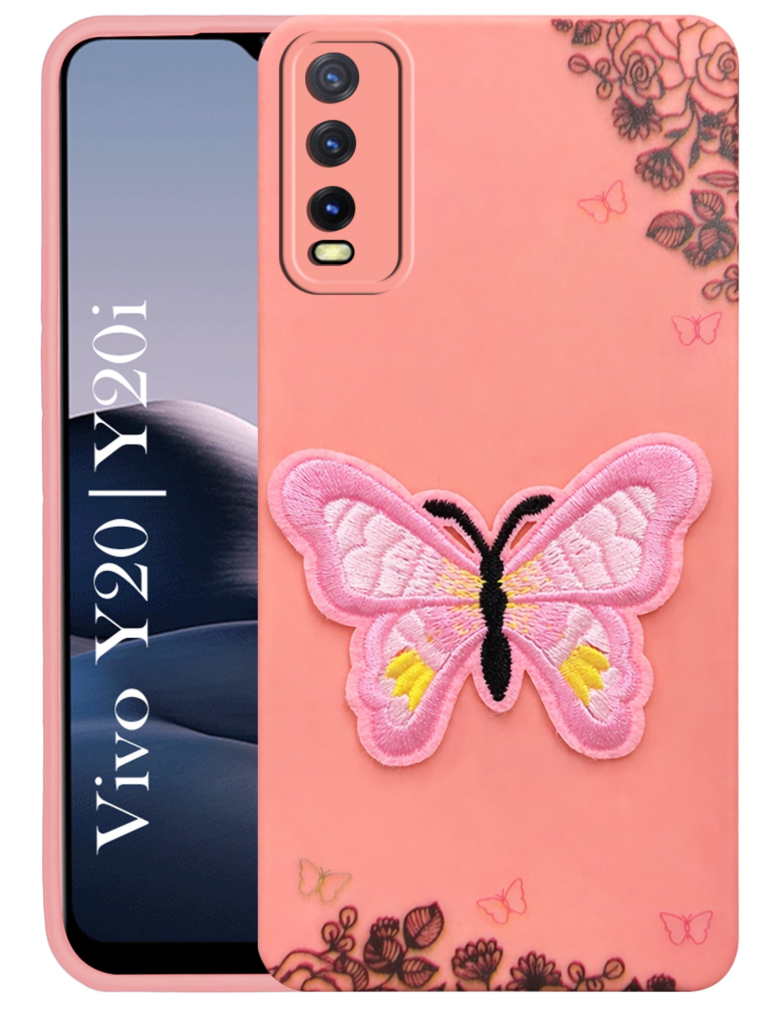 For Vivo Y20 | Y20i Back Cover Case (Soft Butterfly Embroidery | Women Teen Girls | Camera Protection| Matte Silicone)
