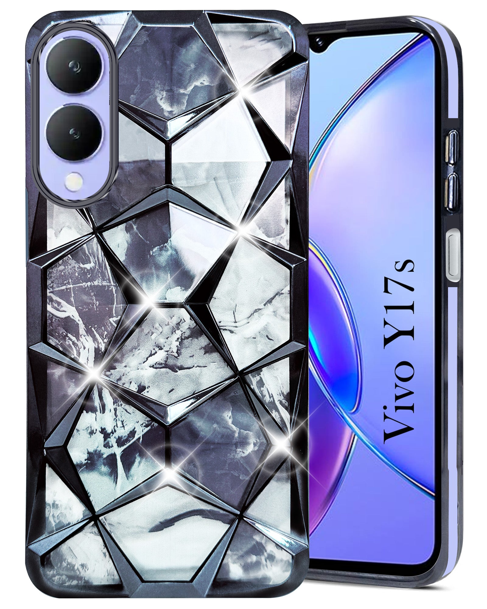 For Vivo Y17s Back Cover Case (Dual Design Glitter Sparkle and Detachable Diamond Print Case | Soft and Flexible)
