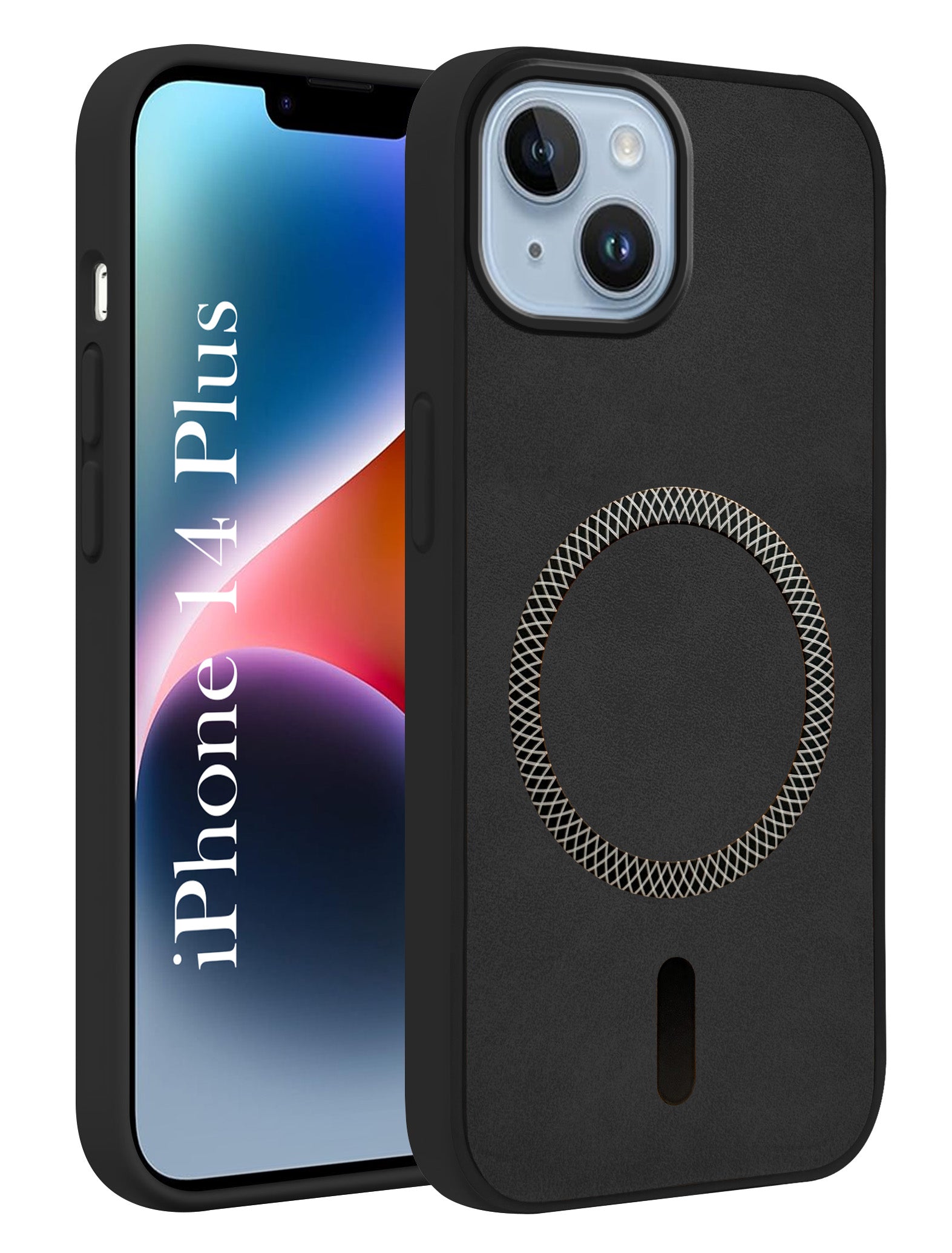 For Apple iPhone 14 Plus Back Cover Case Leather Finish (MagSafe Compatible Wireless Charging | Soft Touch | Camera Bump Protection)