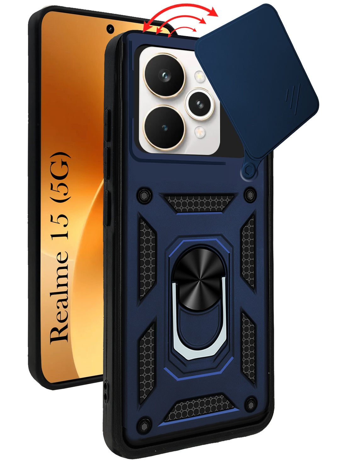 For Realme 15 Back Cover Case (Sliding Shutter Camera Protection | Polycarbonate |Ring Holder Kickstand)