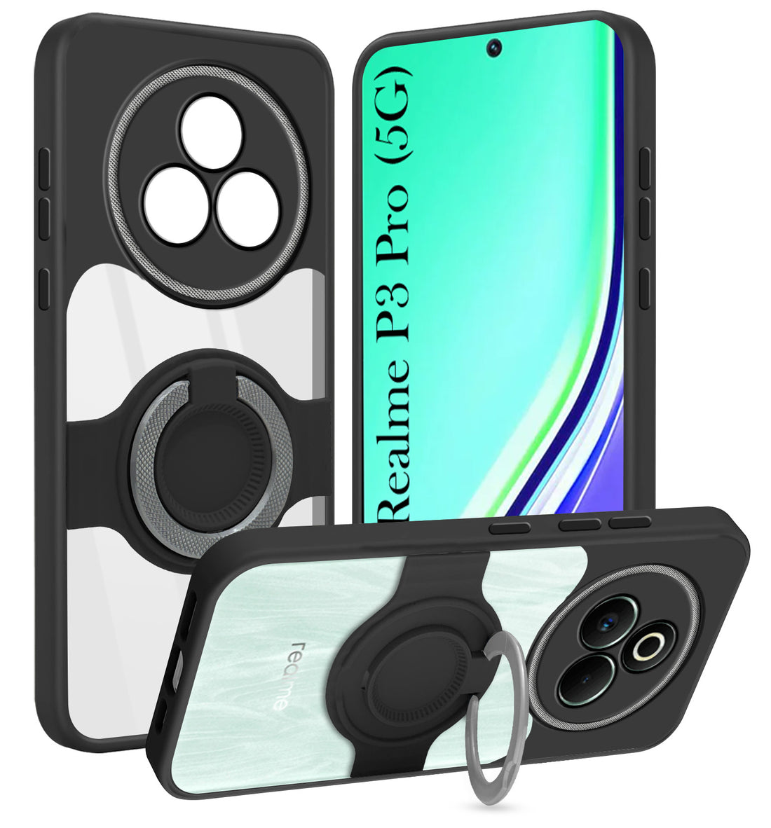 For Realme P3 Pro Back Cover Case with stand (Built-in Ring Holder Kickstand | Lifetime Anti Yellow | Camera Protection)