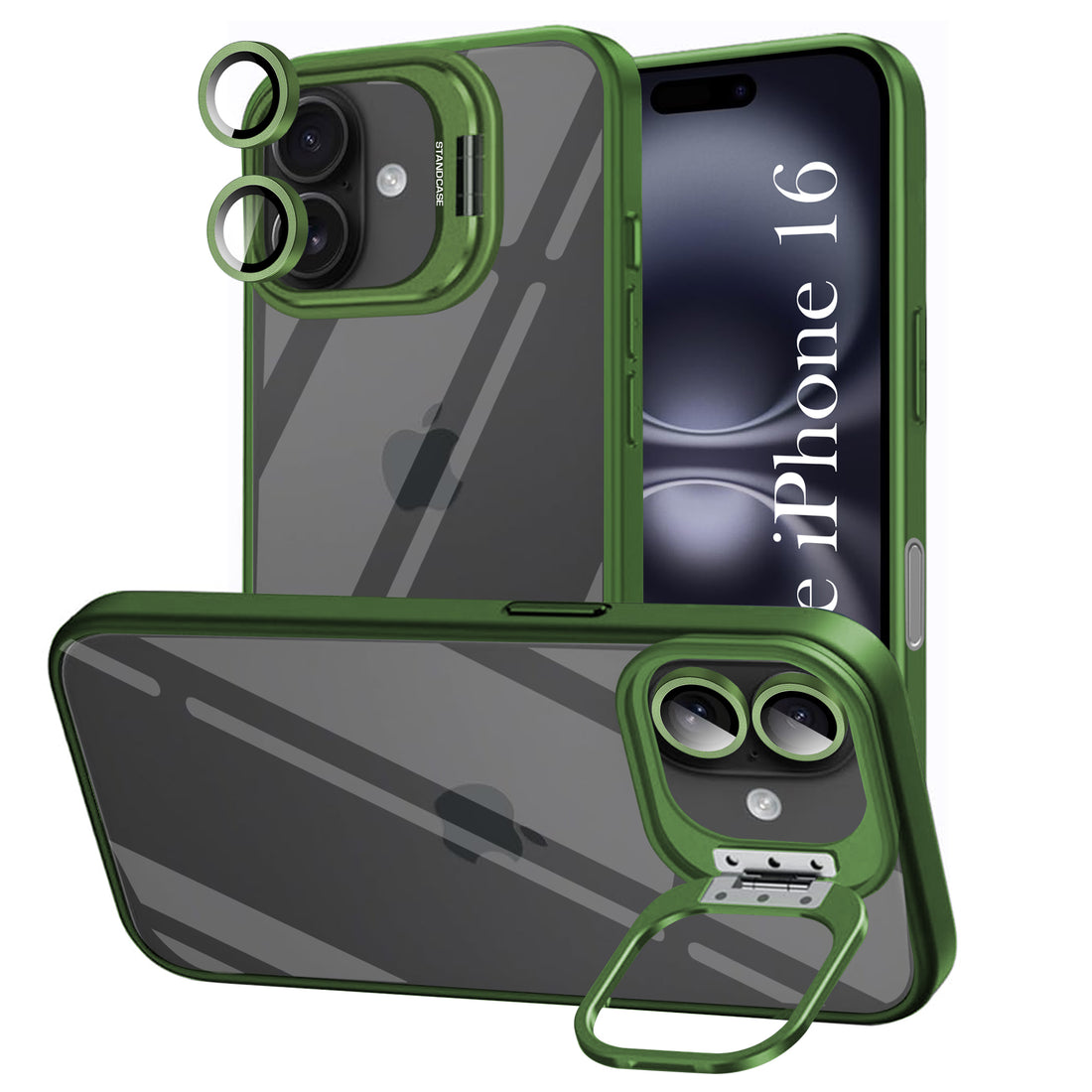 For Apple iPhone 16 Back Cover Case (Camera Lens Glass | Metal Stand Holder | Shockproof Hybrid | Anti Yellow)