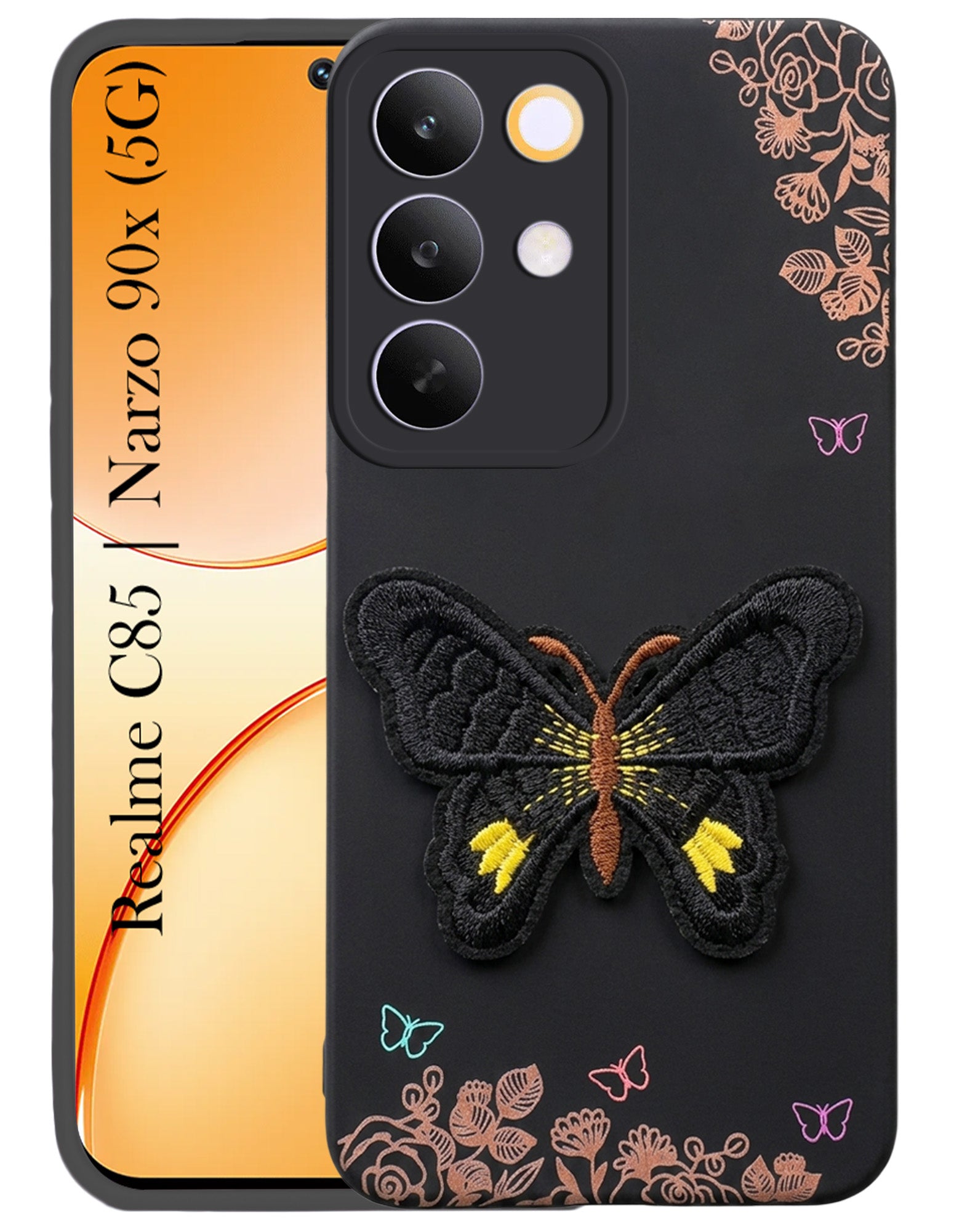 For Realme C85 5G | Realme Narzo 90x Back Cover Case (Soft Butterfly Embroidery | Women Teen Girls | Camera Protection| Matte Silicone)