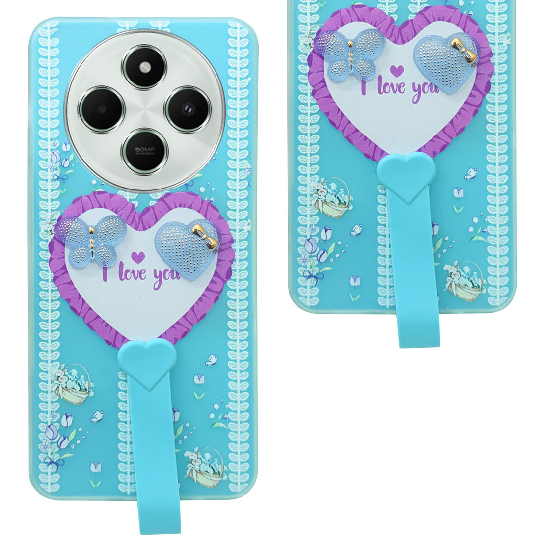 For Poco C75 | Poco M7 Back Cover Case (3D Cute Heart Strap Holder | Camera Protection | Designer Girls Print)