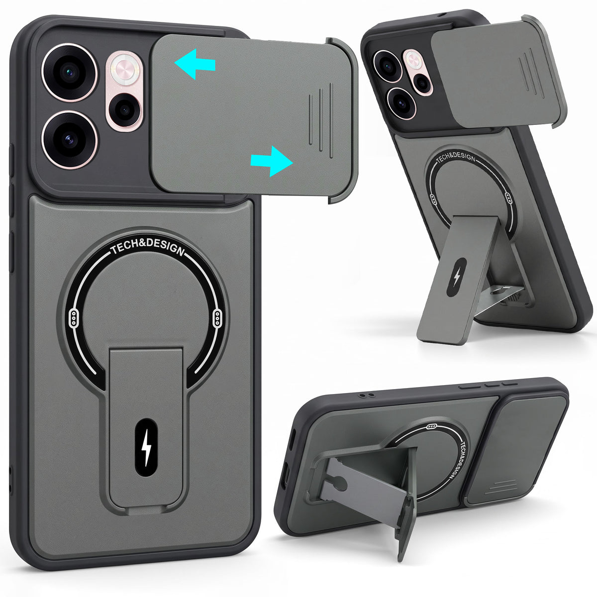 For Oppo Reno 15c Back Case Cover Metallic (Hybrid Armor Kickstand | Sliding Shutter Camera Protection | MagSafe Compatible)