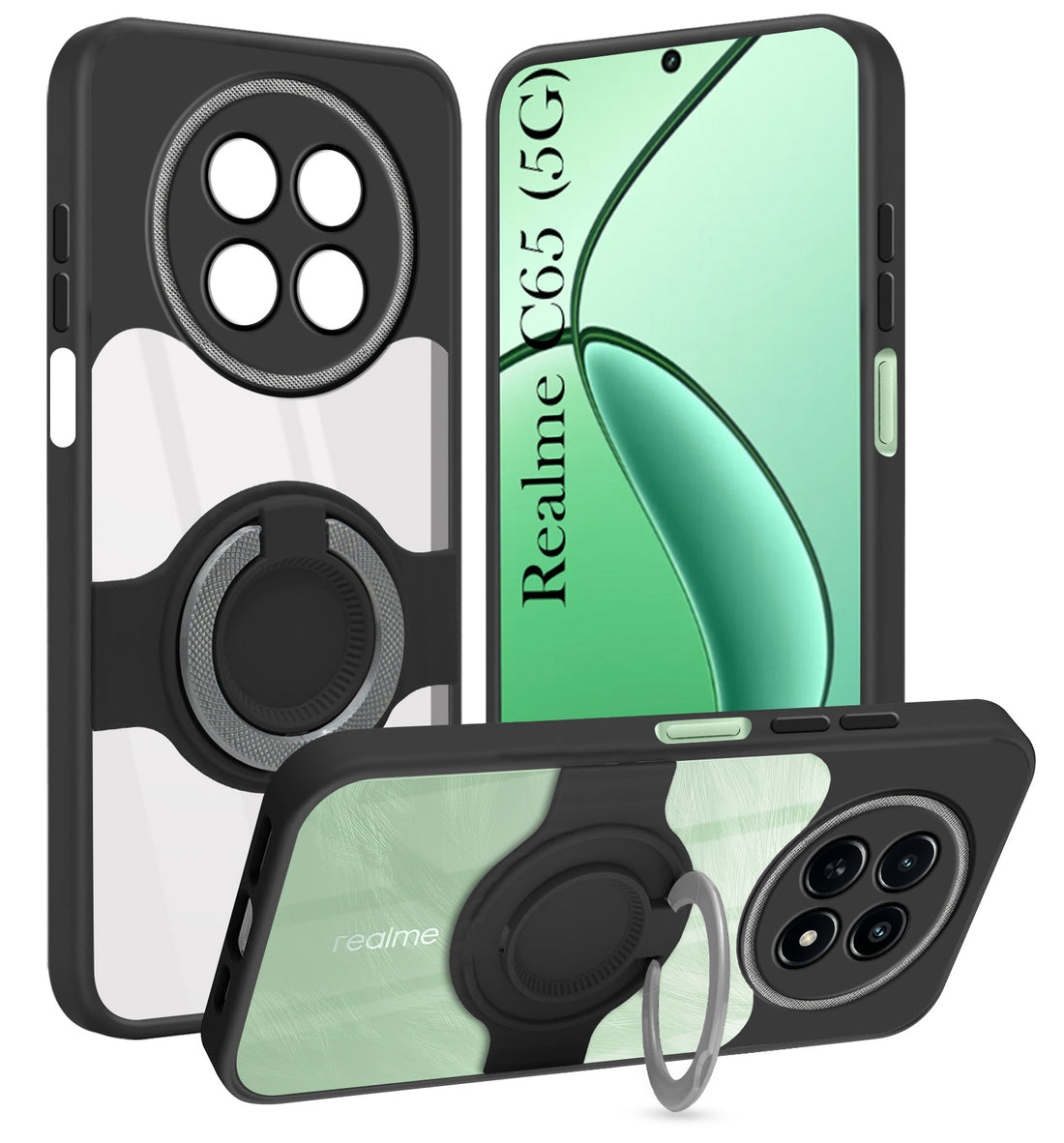 For Realme C65 5G Back Cover Case with stand (Built-in Ring Holder Kickstand | Lifetime Anti Yellow | Camera Protection)