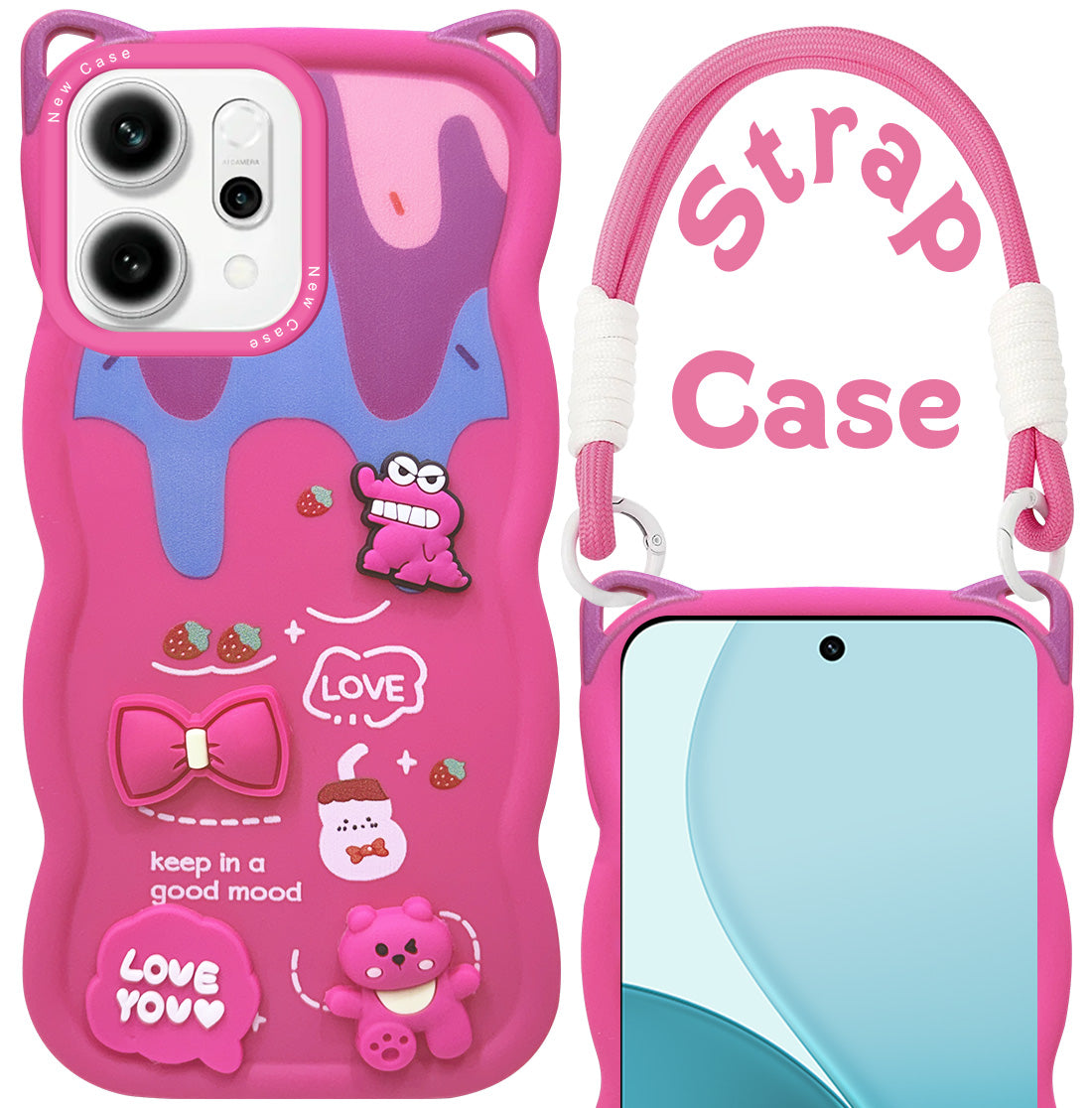 For Oppo Reno14 5G | Oppo Reno 14 5G Back Case Cover Strap (3D embossed Figures | Strap Holder | 360* Soft Cushion with Camera Bump)