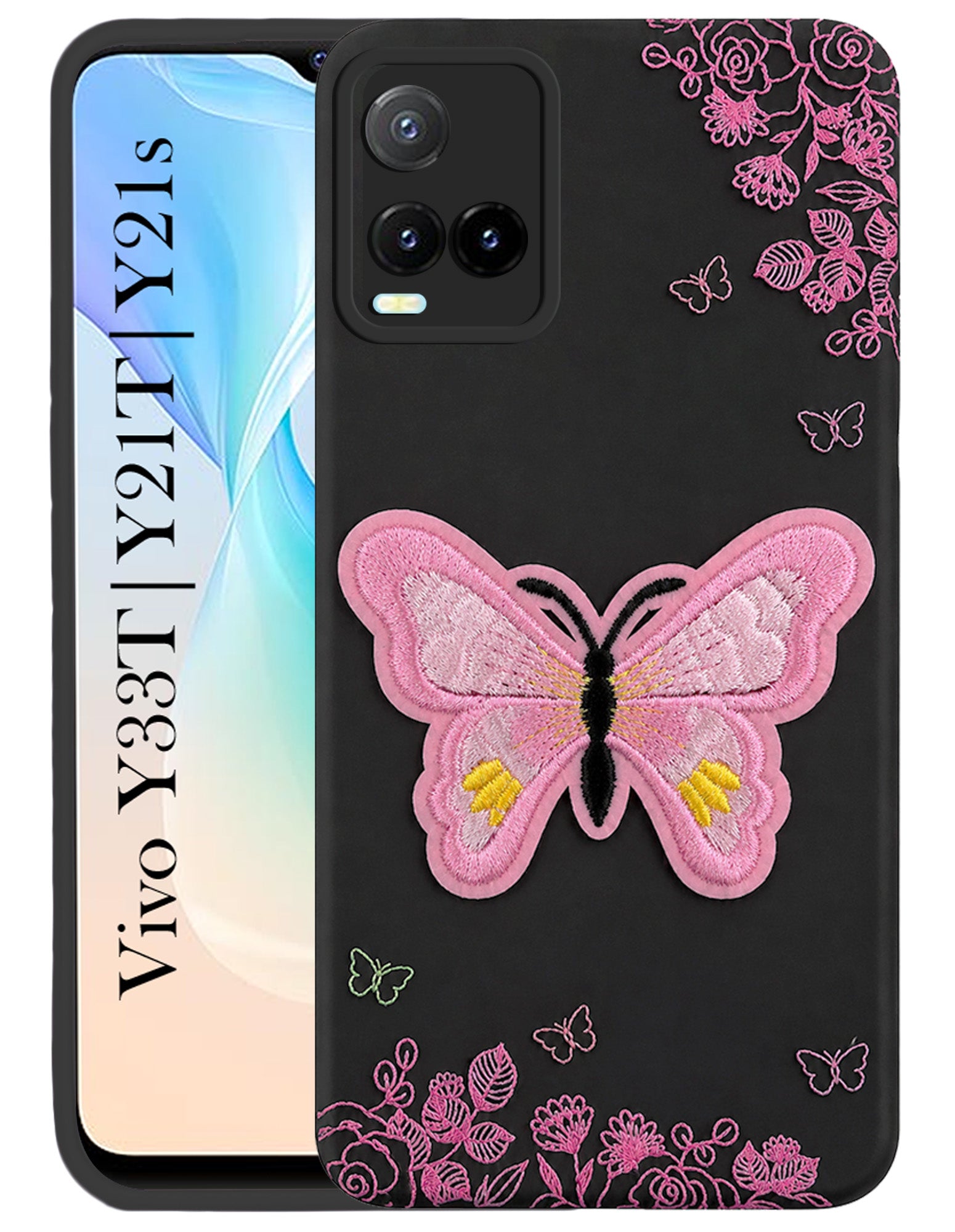 For Vivo Y33T | Vivo Y21T | Vivo Y21s Back Cover Case (Soft Butterfly Embroidery | Women Teen Girls | Camera Protection| Matte Silicone)