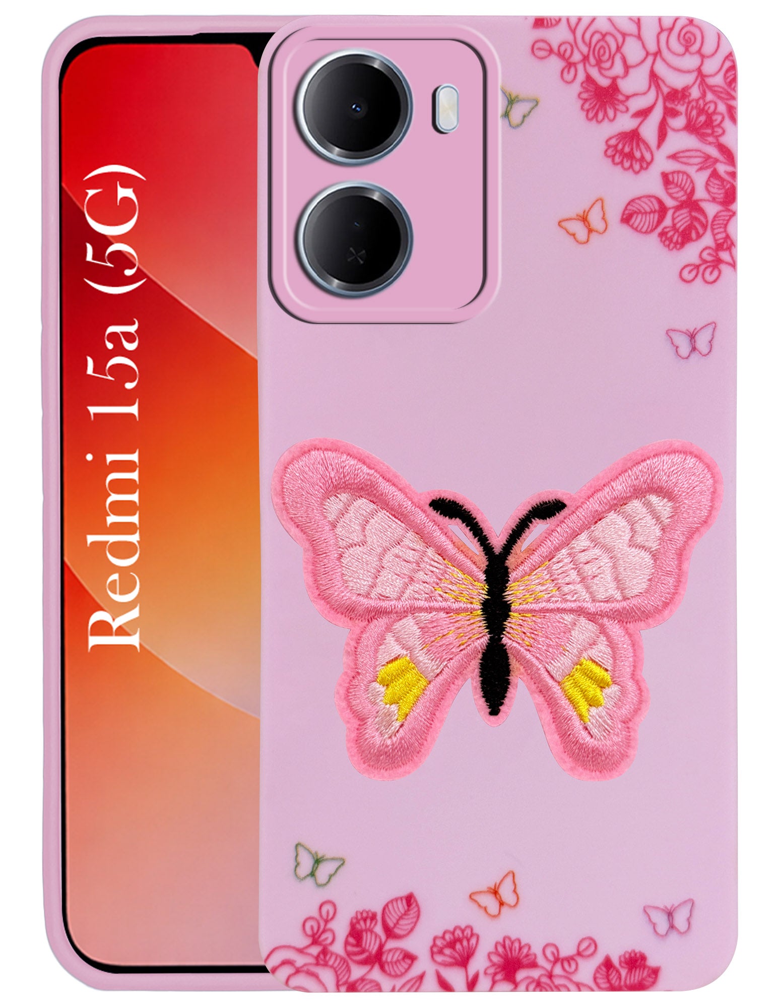 For Redmi 15A 5G Back Cover Case (Soft Butterfly Embroidery | Women Teen Girls | Camera Protection| Matte Silicone)