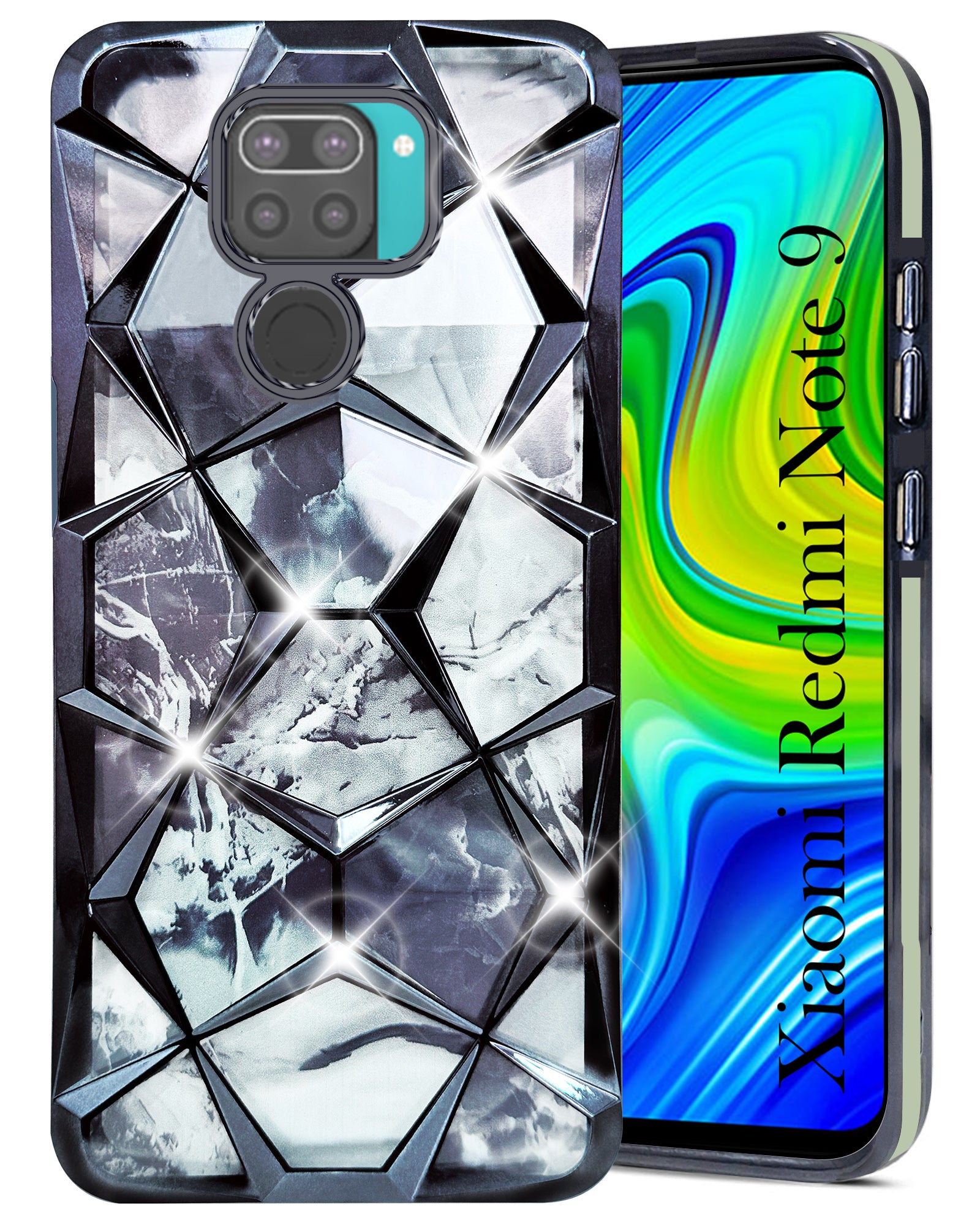 For Compatible With Xiaomi Mi Redmi Note 9 Back Cover Case ( Dual Design Glitter Sparkle and Detachable Diamond Print Case | Soft and Flexible)