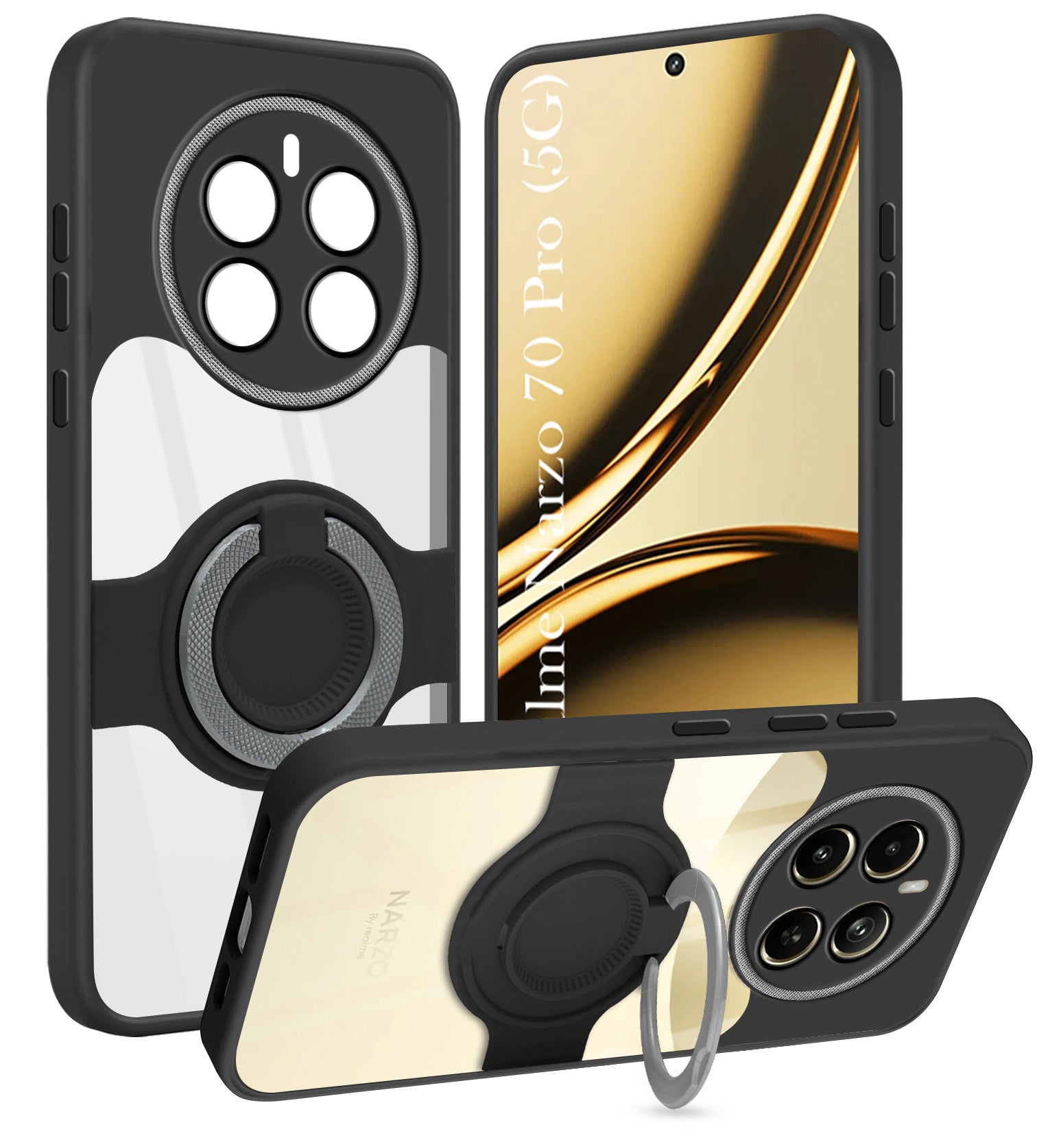 For Realme Narzo 70 Pro Back Cover Case with stand (Built-in Ring Holder Kickstand | Lifetime Anti Yellow | Camera Protection)
