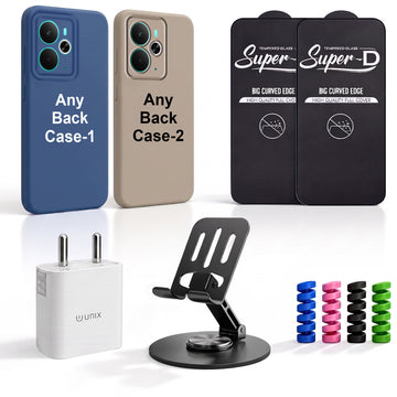 Complete Mobile Care Kit (Get Any 2 Cases+2 Tempered Glass+25W Charger Adapter+Metallic Mobile Stand+Cable Protector)
