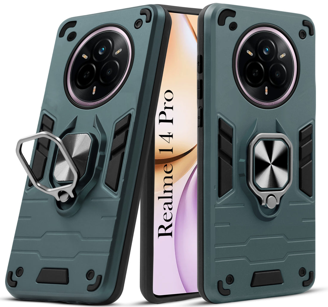For Realme 14 Pro Back Cover Case (Shockproof Dual Layer Polycarbonate |Ring Holder Kickstand)