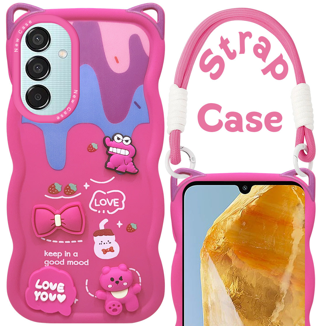 For Samsung Galaxy M15 5G Back Case Cover Strap (3D embossed Figures | Strap Holder | 360* Soft Cushion with Camera Bump)