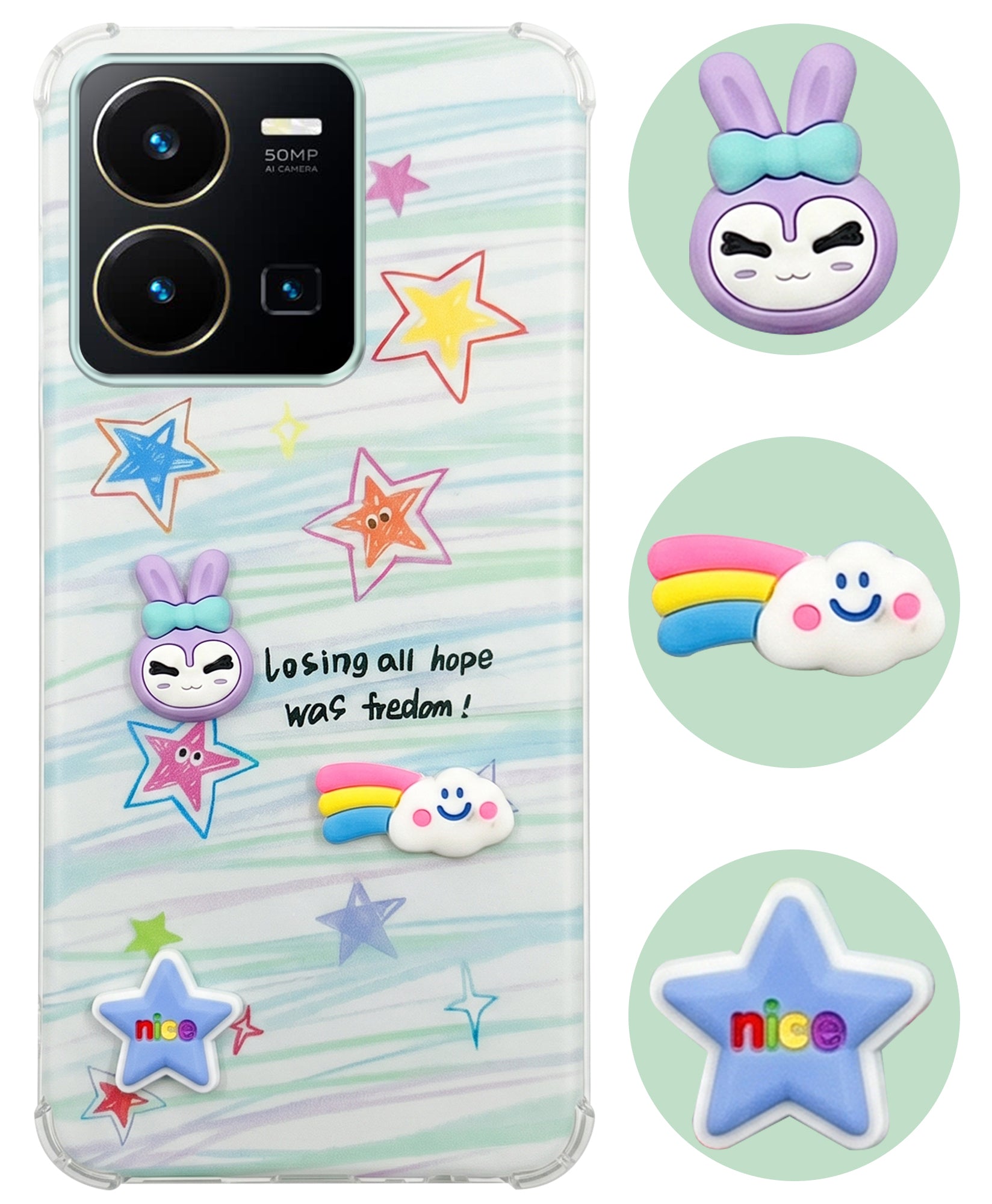 For Vivo Y35 Back Cover Case (3D Cute Cartoons | Hard Back Side Soft | Matte Premium Finish | HD Printing)