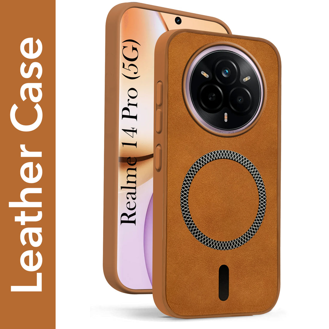 For Realme 14 Pro Back Cover Case Leather Finish (MagSafe Compatible Wireless Charging | Soft Touch | Camera Bump Protection)