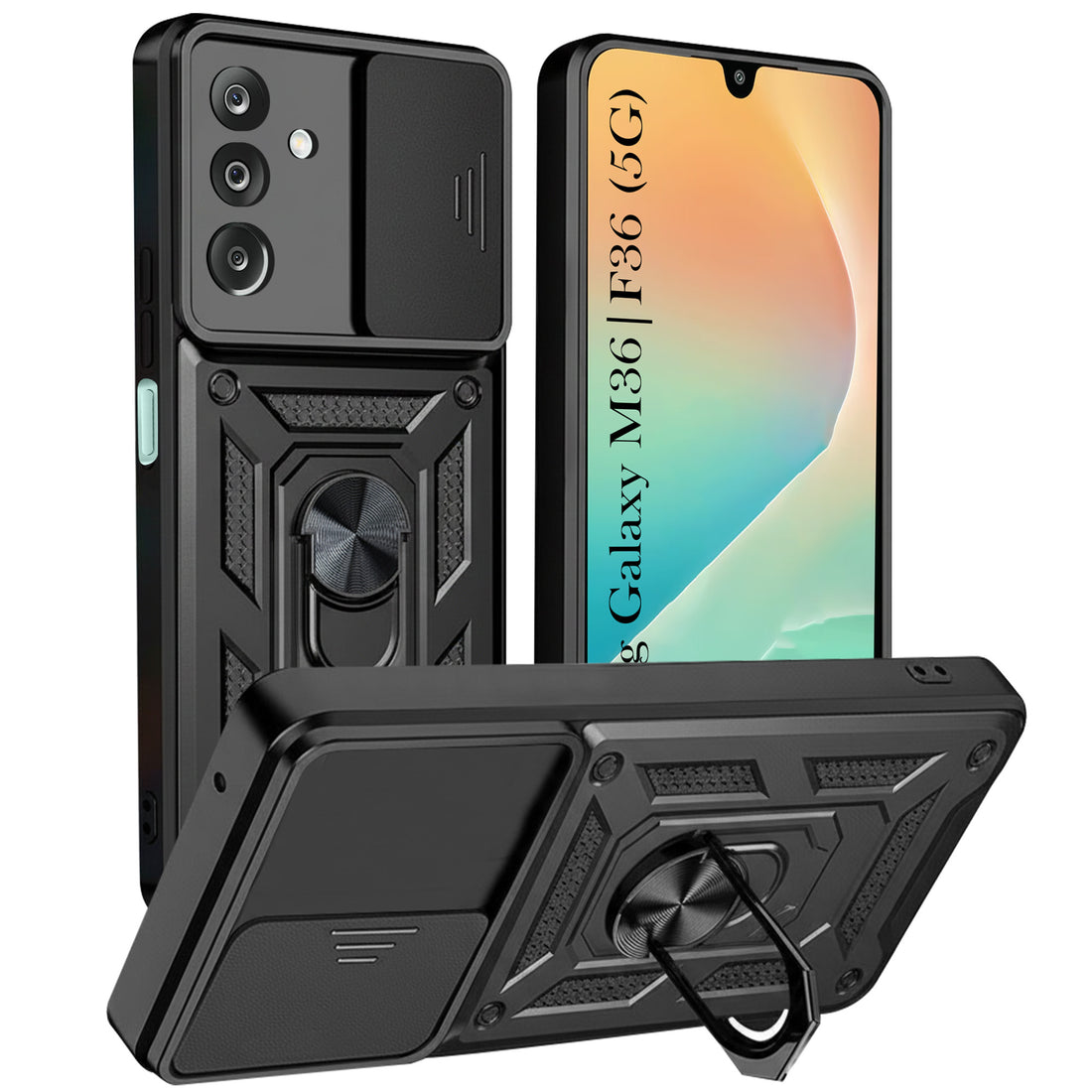 For Samsung Galaxy M36 | Samsung Galaxy F36 Back Cover Case Hybrid Armor (Sliding Shutter Camera Protection | Polycarbonate |Ring Holder Kickstand)
