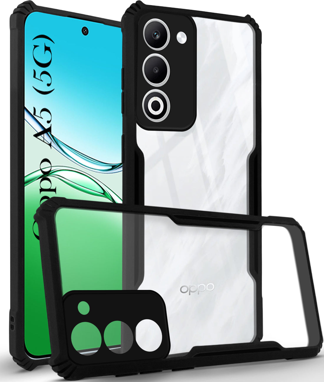 For Oppo A5 5G Back Cover Case ( Shockproof with Polycarbonate Clear Panel | Professional Black)