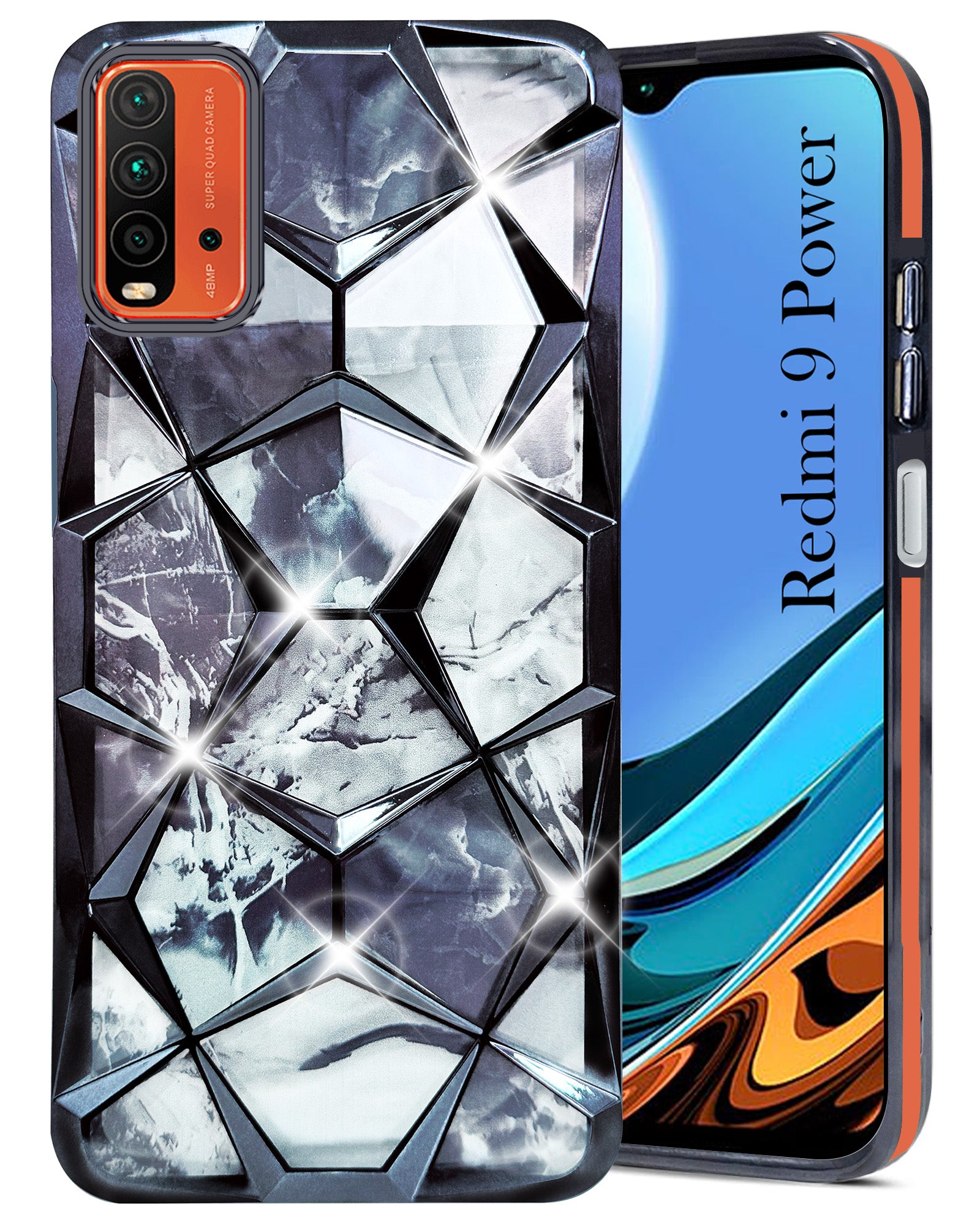 For Xiaomi Mi Redmi 9 Power Back Cover Case ( Dual Design Glitter Sparkle and Detachable Diamond Print Case | Soft and Flexible)